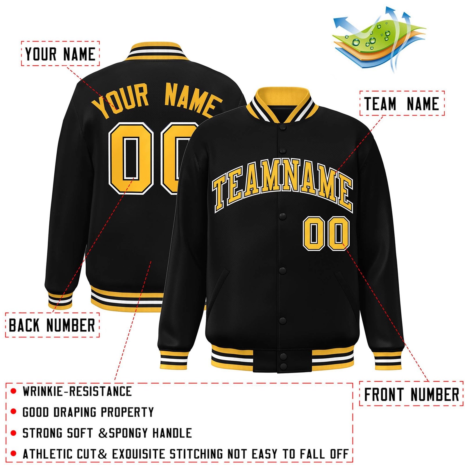 Custom Black Gold-White Letterman Classic Style Varsity Full-Snap Varsity Jacket for Teams