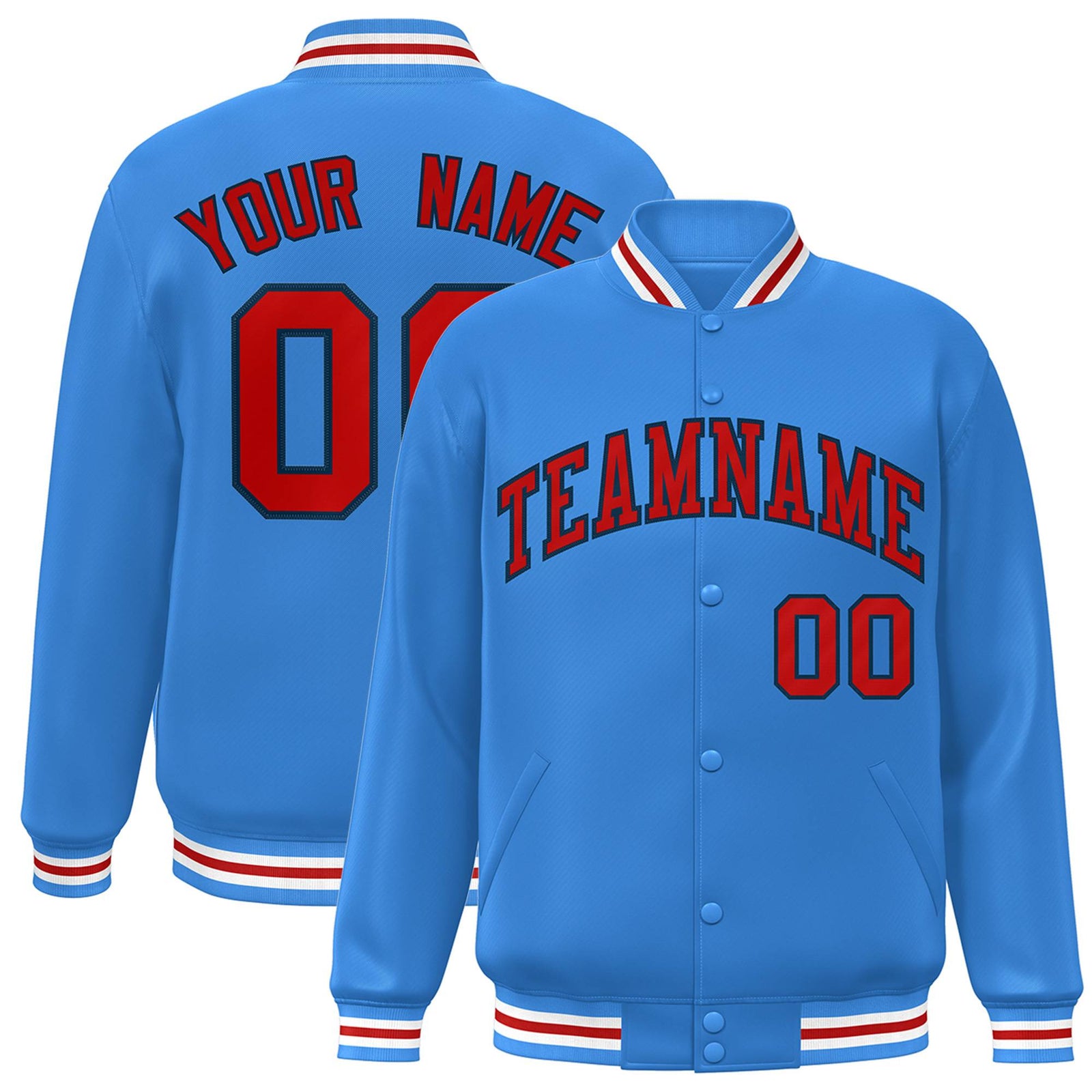 Custom Powder Blue Red-Navy Letterman Two Tone Classic Style Varsity Full-Snap Jacket