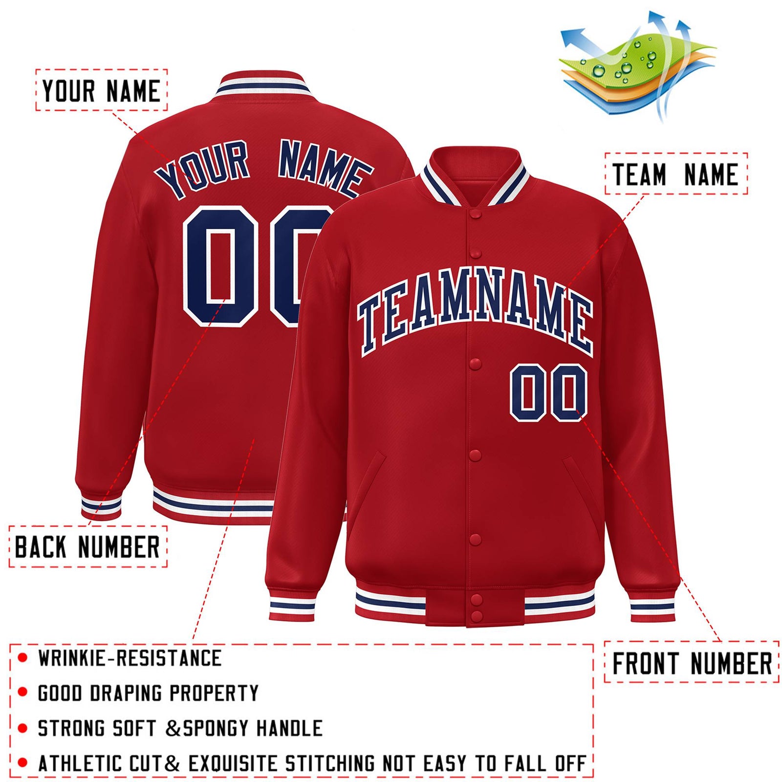 Custom Red Navy-White Letterman Two Tone Classic Style Varsity Full-Snap Jacket