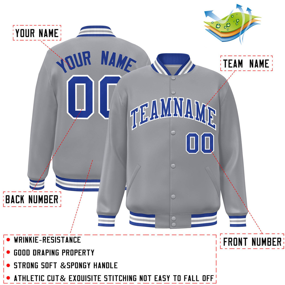 Custom Gray Royal-White Letterman Two Tone Classic Style Varsity Full-Snap Jacket
