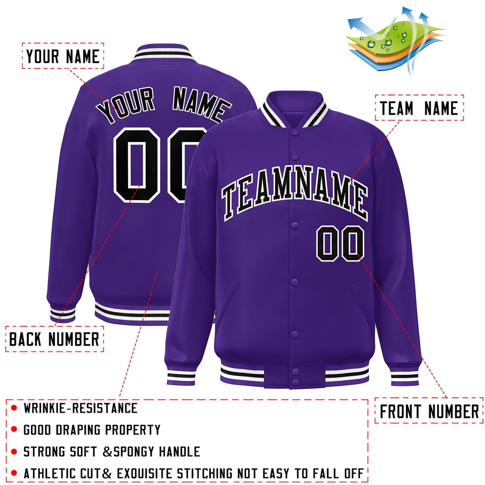 Custom Purple Black-White Letterman Two Tone Classic Style Varsity Full-Snap Jacket