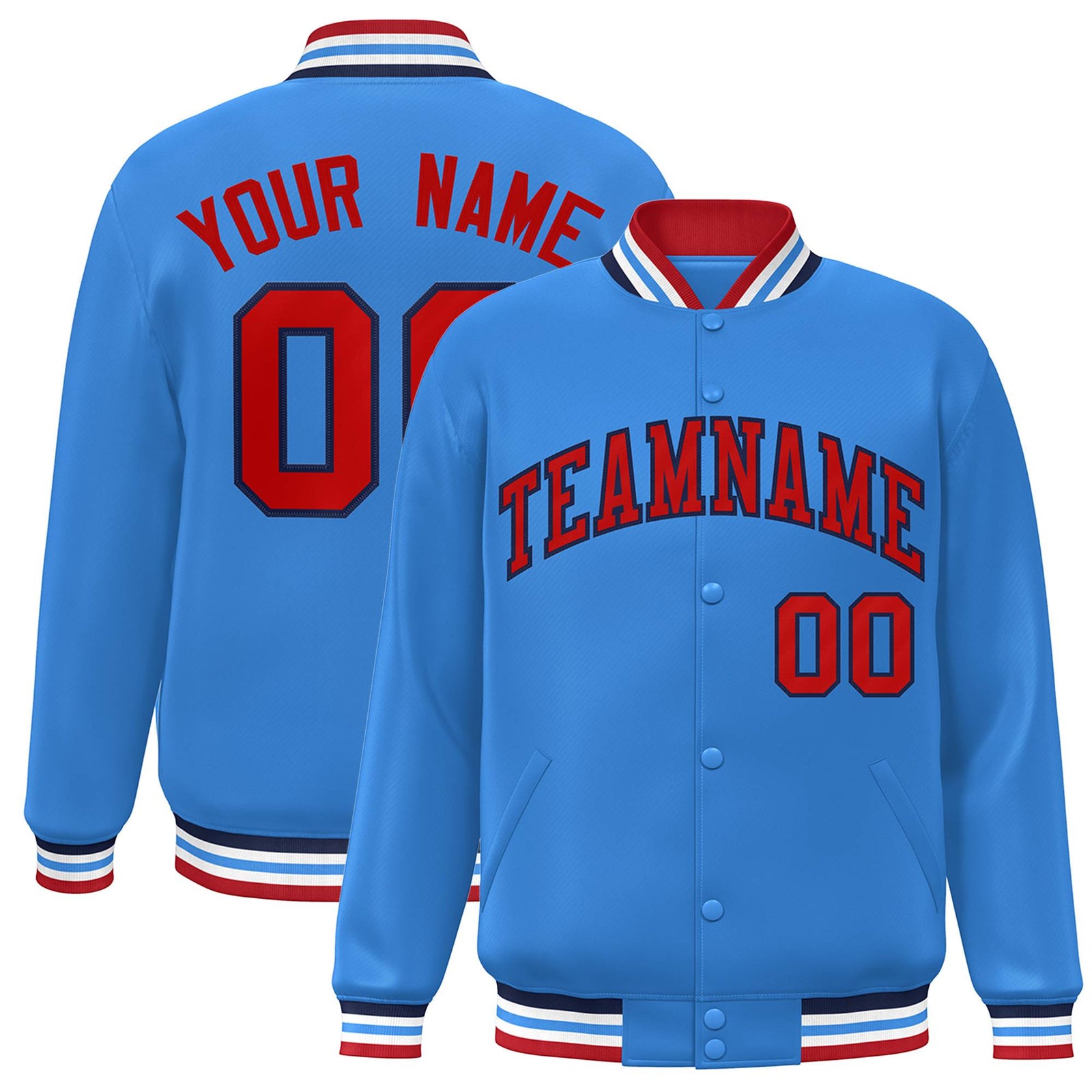 Custom Powder Blue Red-Navy Blue Letterman Two Tone Classic Style Varsity Full-Snap Jacket