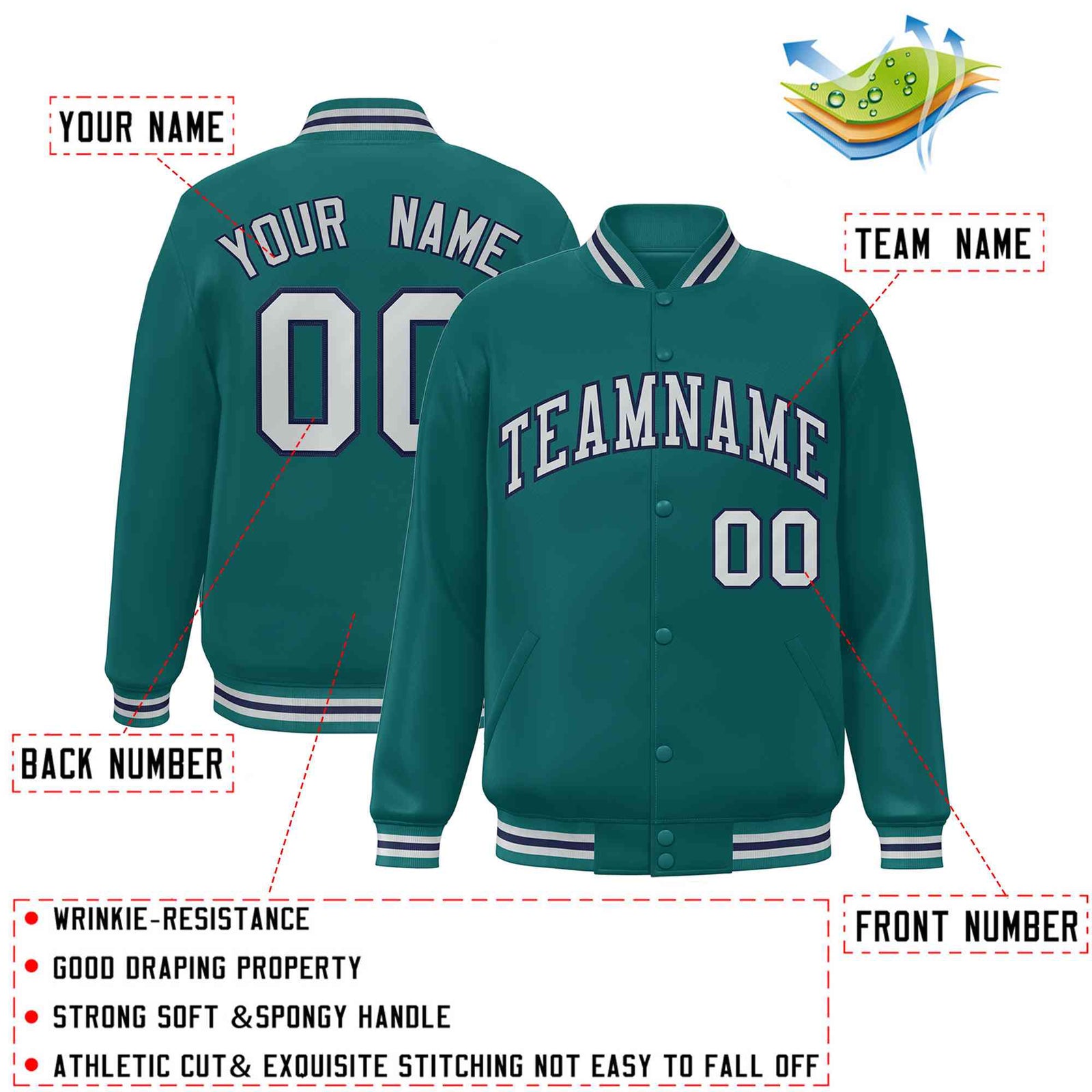 Custom Aqua Silver-Navy Blue Classic Style Varsity Full-Snap Bomber Letterman Jacket