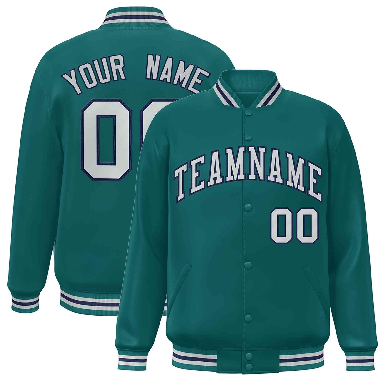 Custom Aqua Silver-Navy Blue Classic Style Varsity Full-Snap Bomber Letterman Jacket