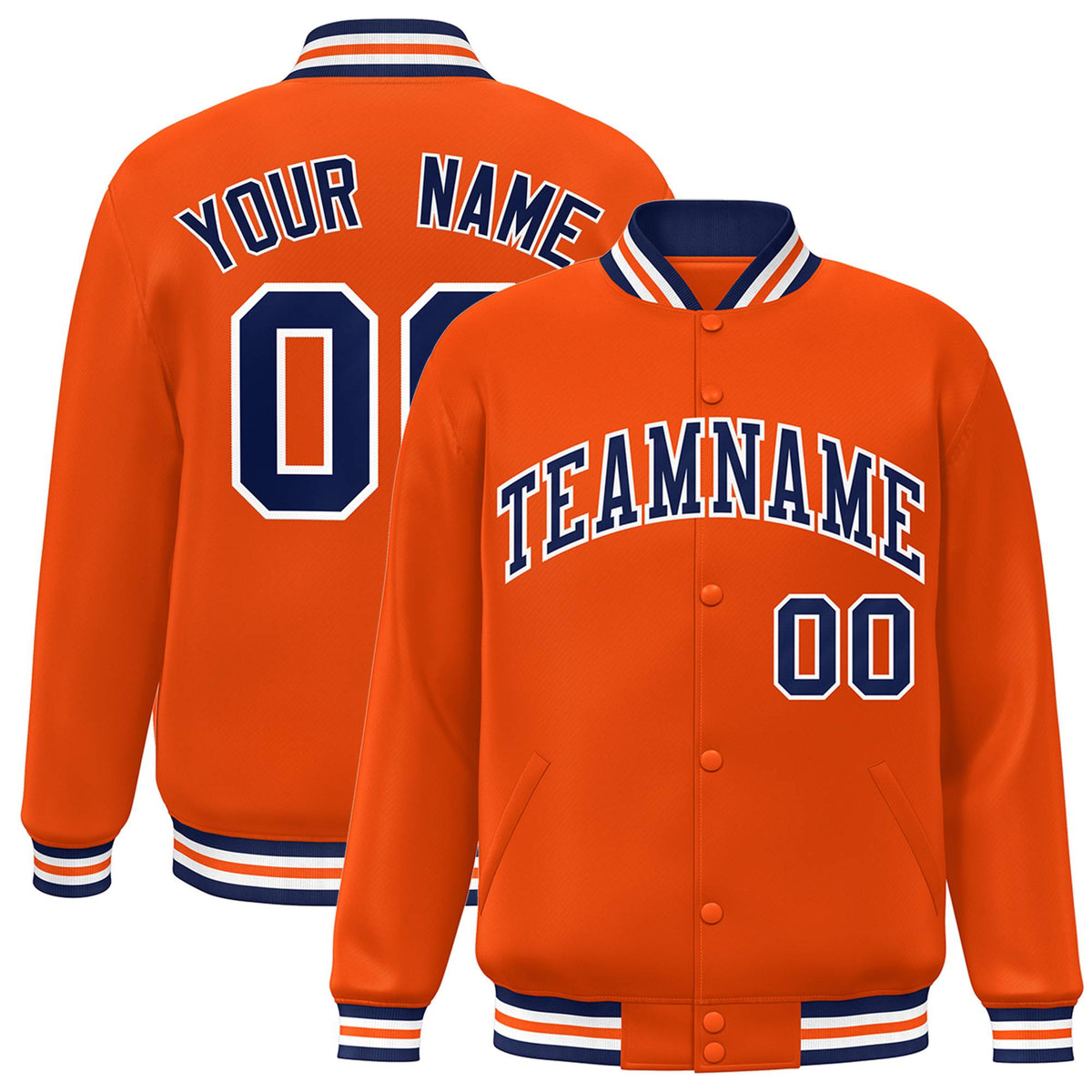 Custom Orange Navy-White Letterman Two Tone Classic Style Varsity Full-Snap Jacket