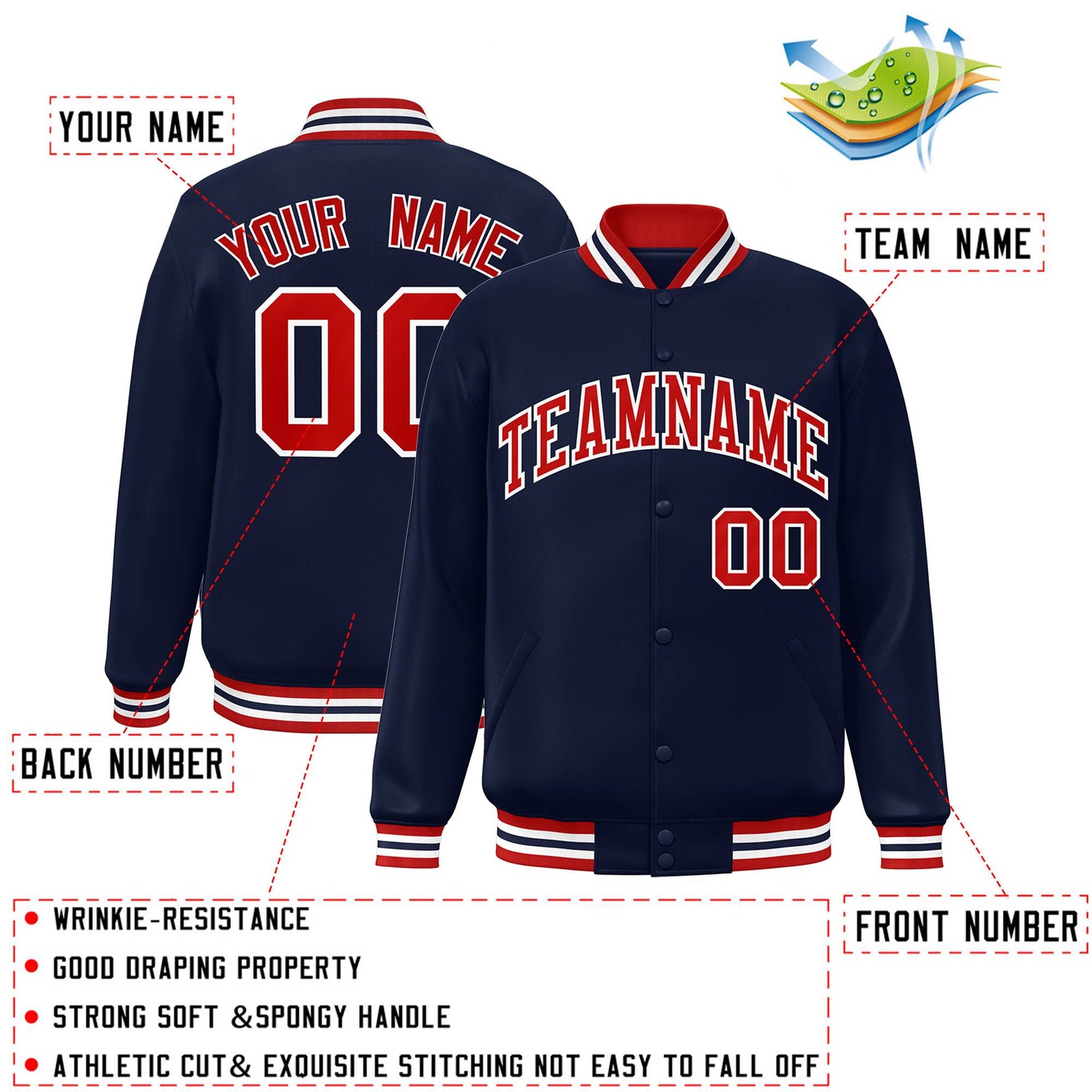 Custom Navy Blue Red-White Letterman Two Tone Classic Style Varsity Full-Snap Jacket