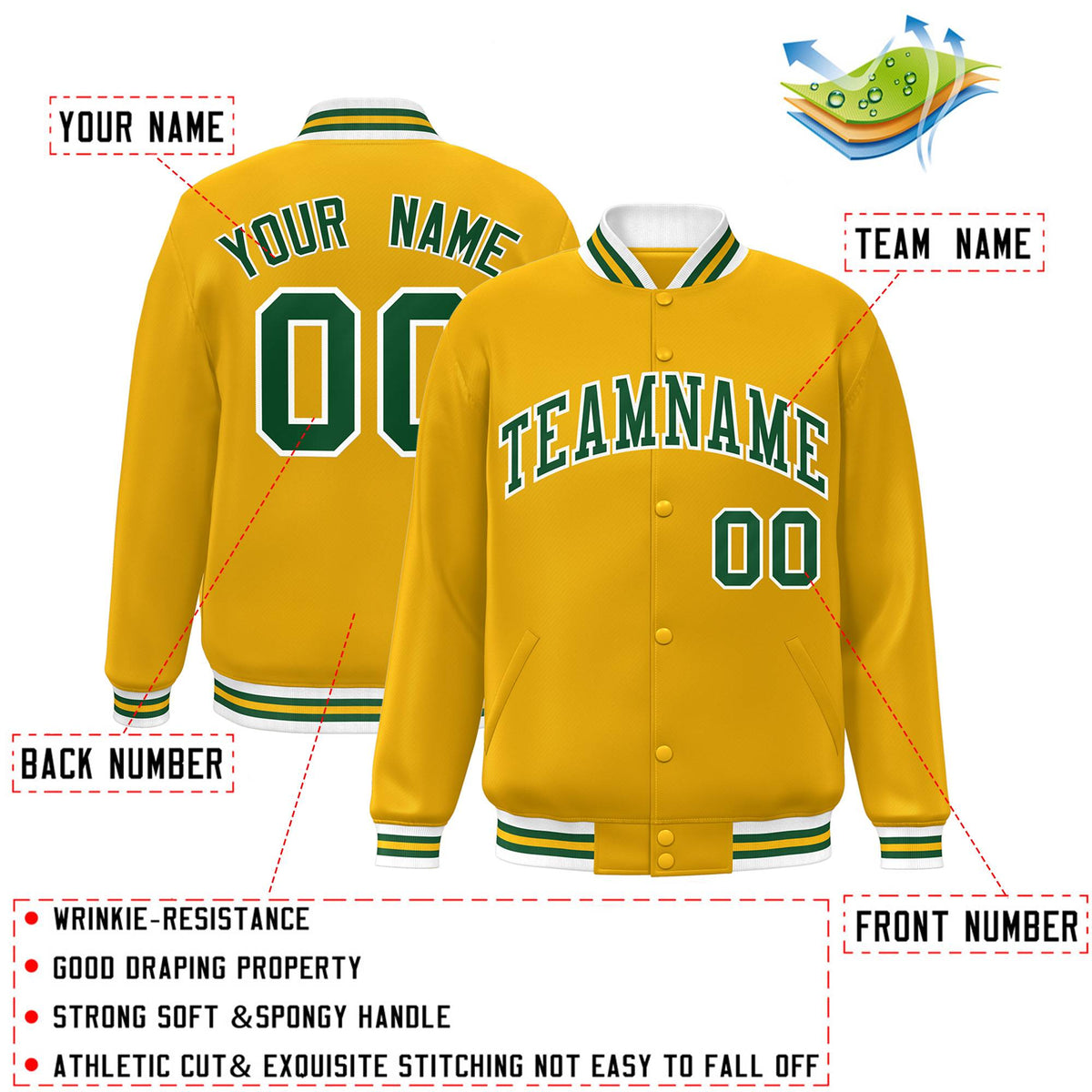 Custom Gold Green-White Classic Style Varsity Full-Snap Letterman Varsity Jacket