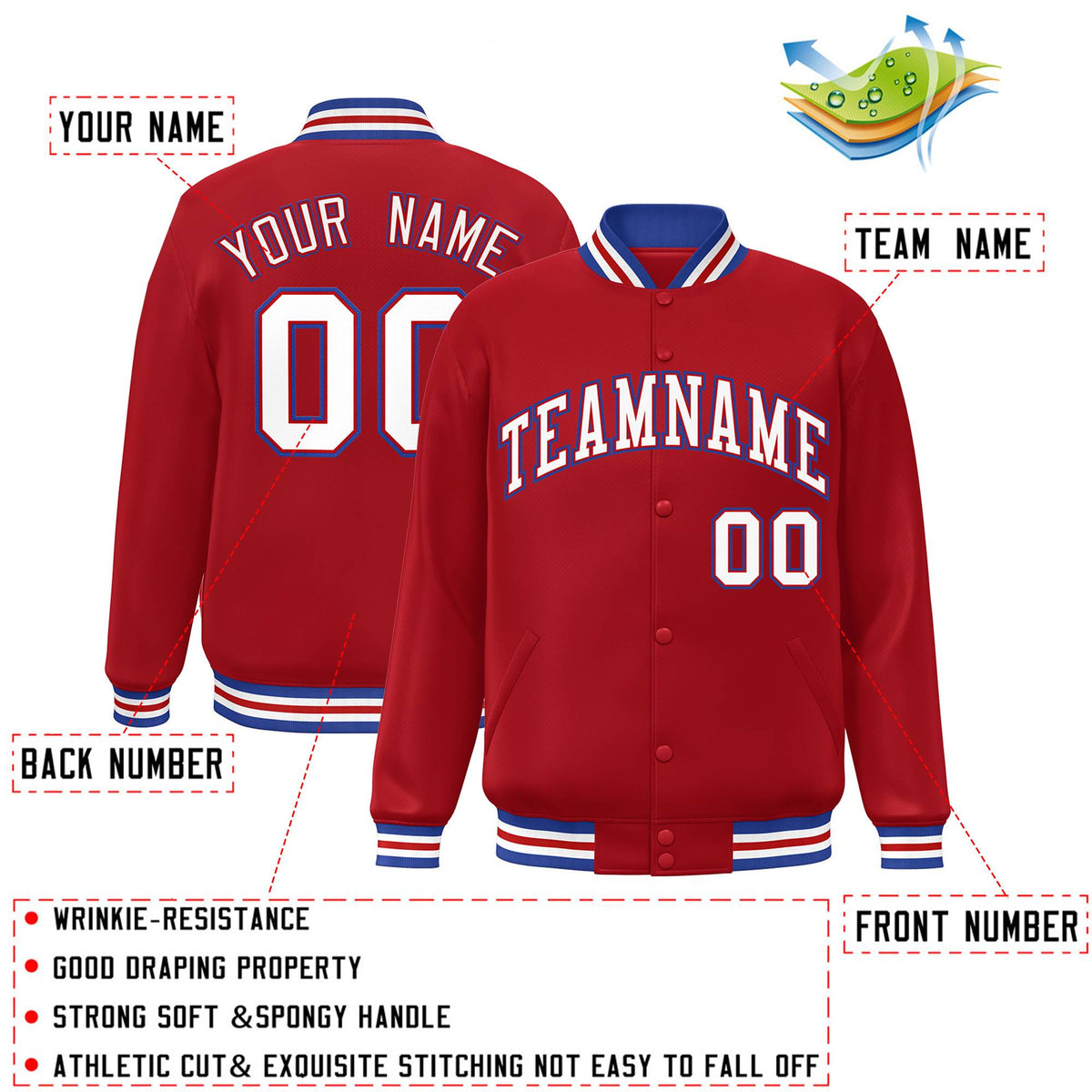 Custom Red White-Royal Letterman Two Tone Classic Style Varsity Full-Snap Jacket