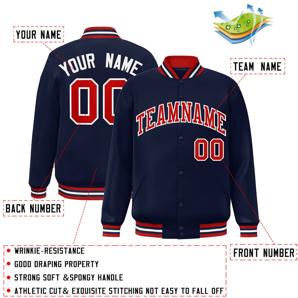 Custom Navy Blue Red-White Letterman Two Tone Classic Style Varsity Full-Snap Jacket