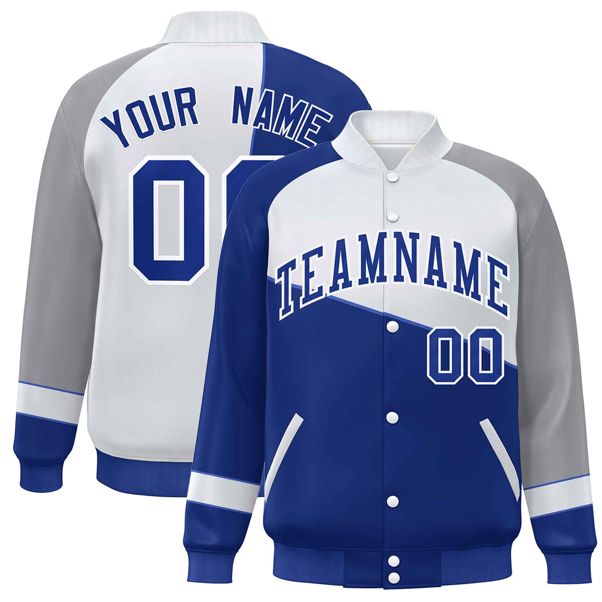 Custom Royal White-Gray Color Block Bomber Varsity Full-Snap Baseball Jacket