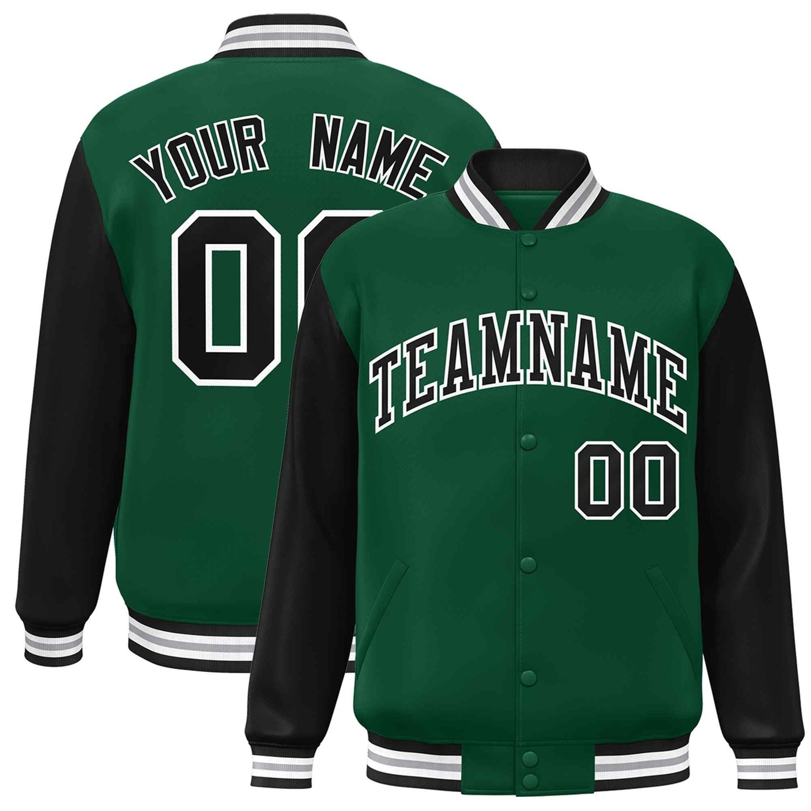 Custom Green Black-White Raglan Sleeves Varsity Full-Snap Letterman Jacket
