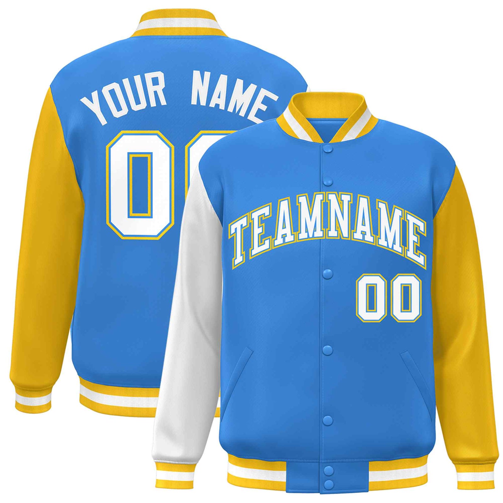 Custom Powder Blue White-Powder Blue Raglan Sleeves Varsity Full-Snap Letterman Jacket
