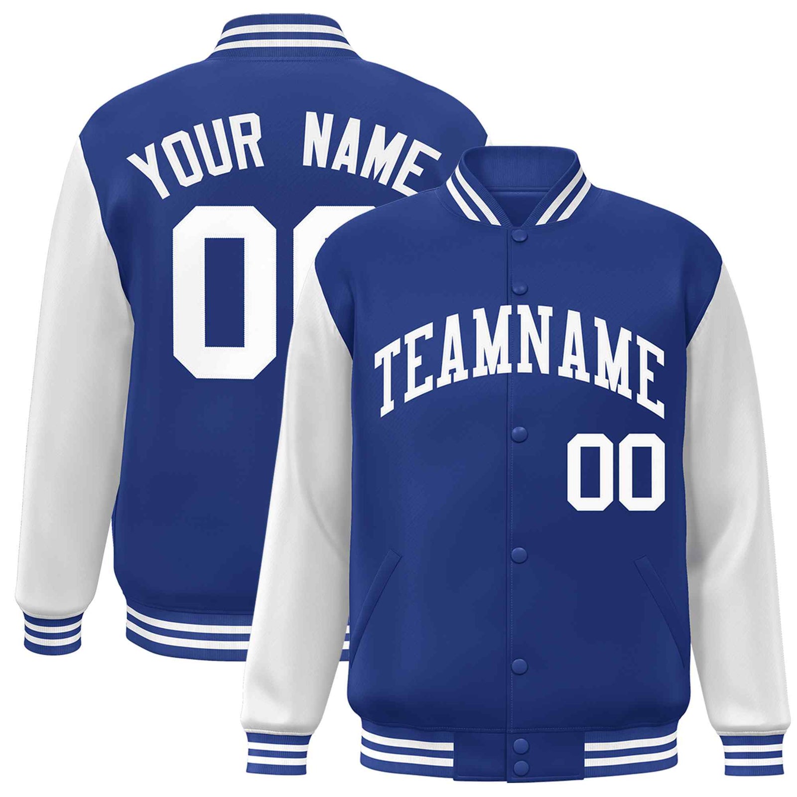 Custom Royal White Raglan Sleeves Varsity Full-Snap Letterman Jacket