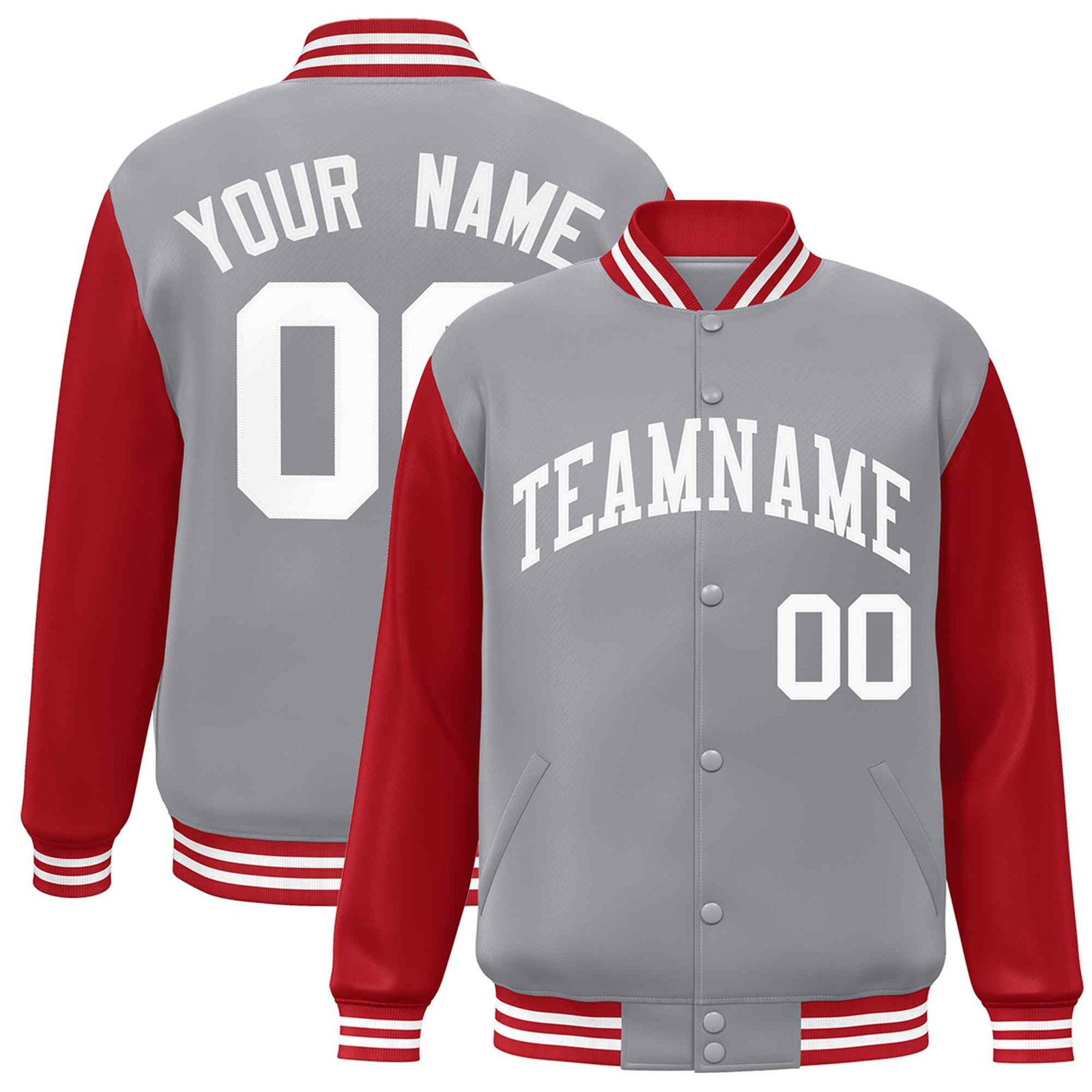 Custom Gray White Raglan Sleeves Varsity Full-Snap Letterman Jacket