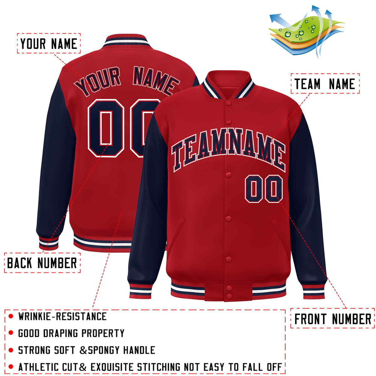 Custom Red Navy Raglan Sleeves Varsity Full-Snap Letterman Jacket