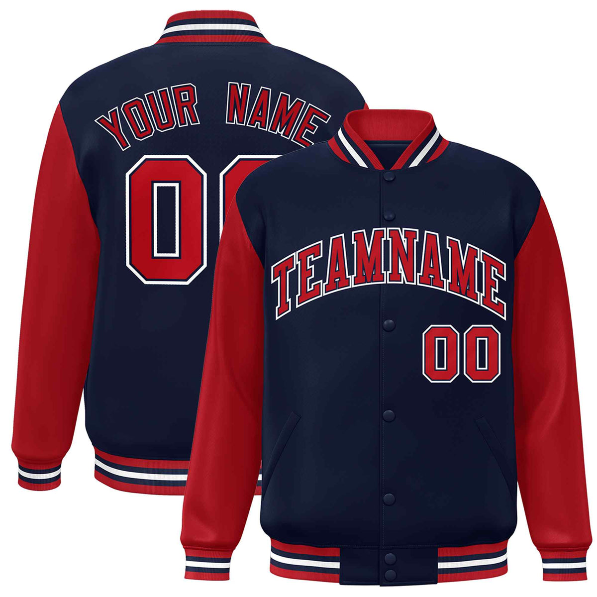 Custom Navy Red-Navy Raglan Sleeves Varsity Full-Snap Letterman Jacket
