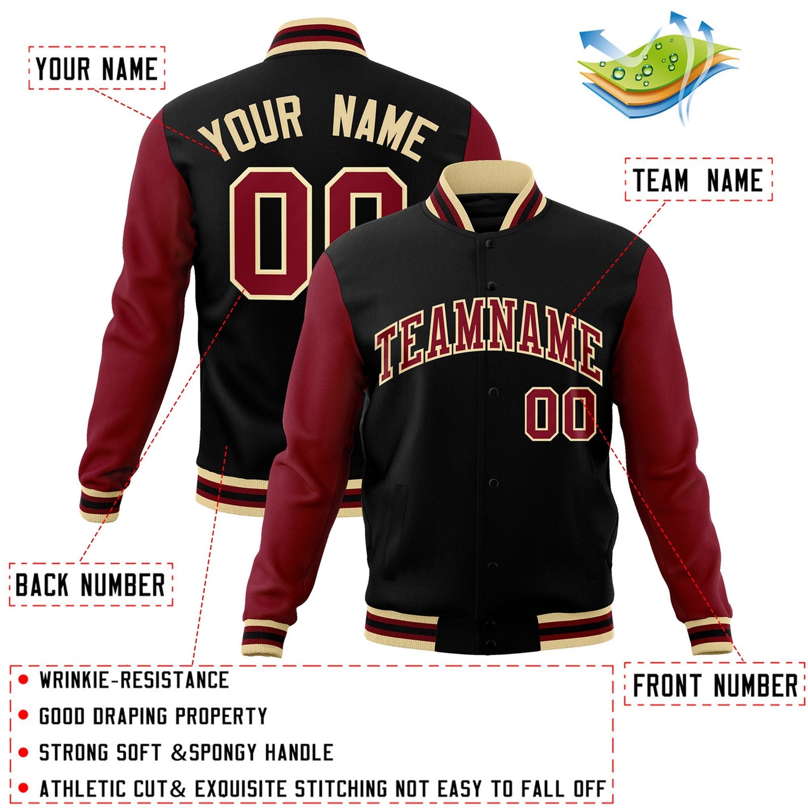 Custom Black Crimson-Khaki Raglan Sleeves Varsity Full-Snap Letterman Jacket