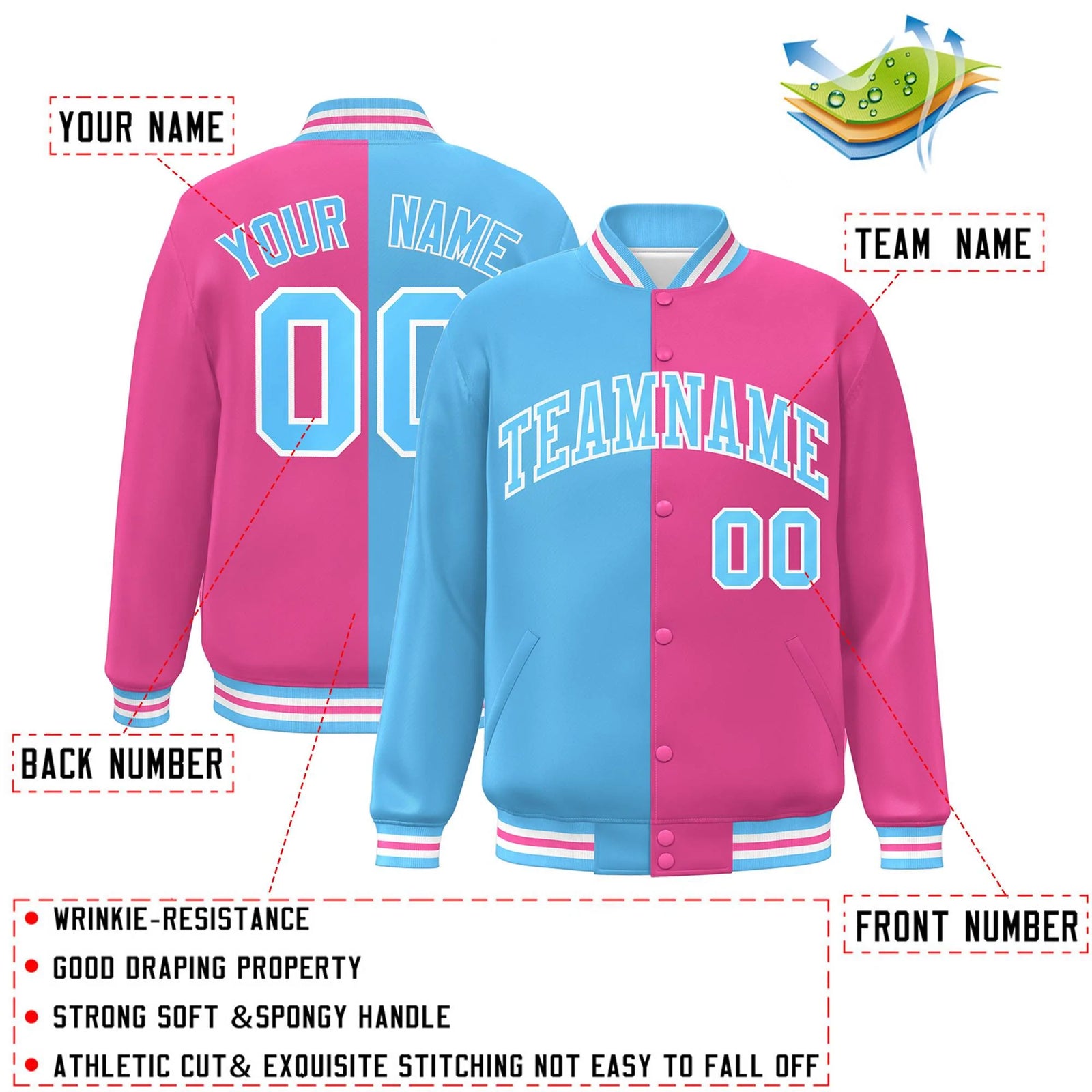 Custom Pink Light Blue-White Letterman Two Tone Split Fashion Varsity Full-Snap Jacket