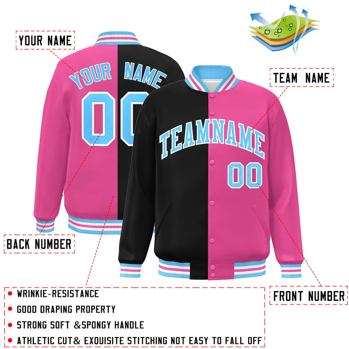 Custom Pink Black-Powder Blue Letterman Two Tone Split Fashion Varsity Full-Snap Jacket
