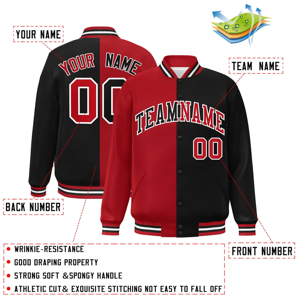 Custom Black Red-White Letterman Two Tone Split Fashion Varsity Full-Snap Jacket