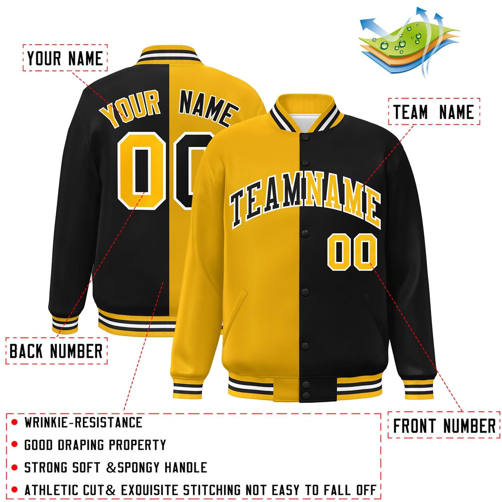 Custom Black Gold-White Letterman Two Tone Split Fashion Varsity Full-Snap Jacket