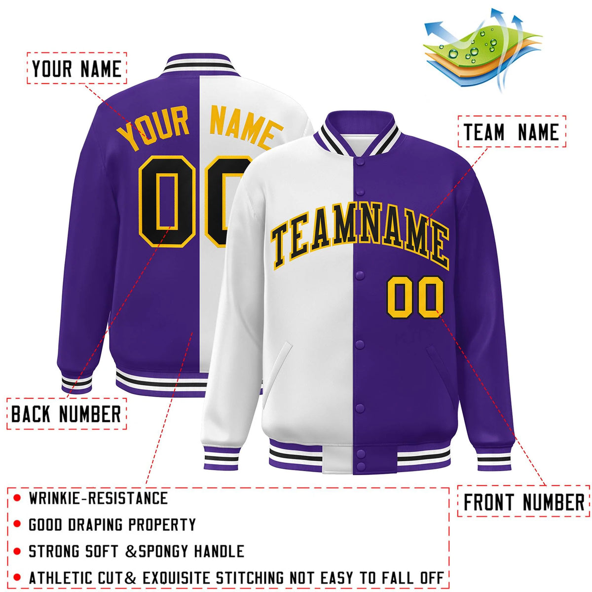 Custom Purple White-Black Letterman Two Tone Split Fashion Varsity Full-Snap Jacket