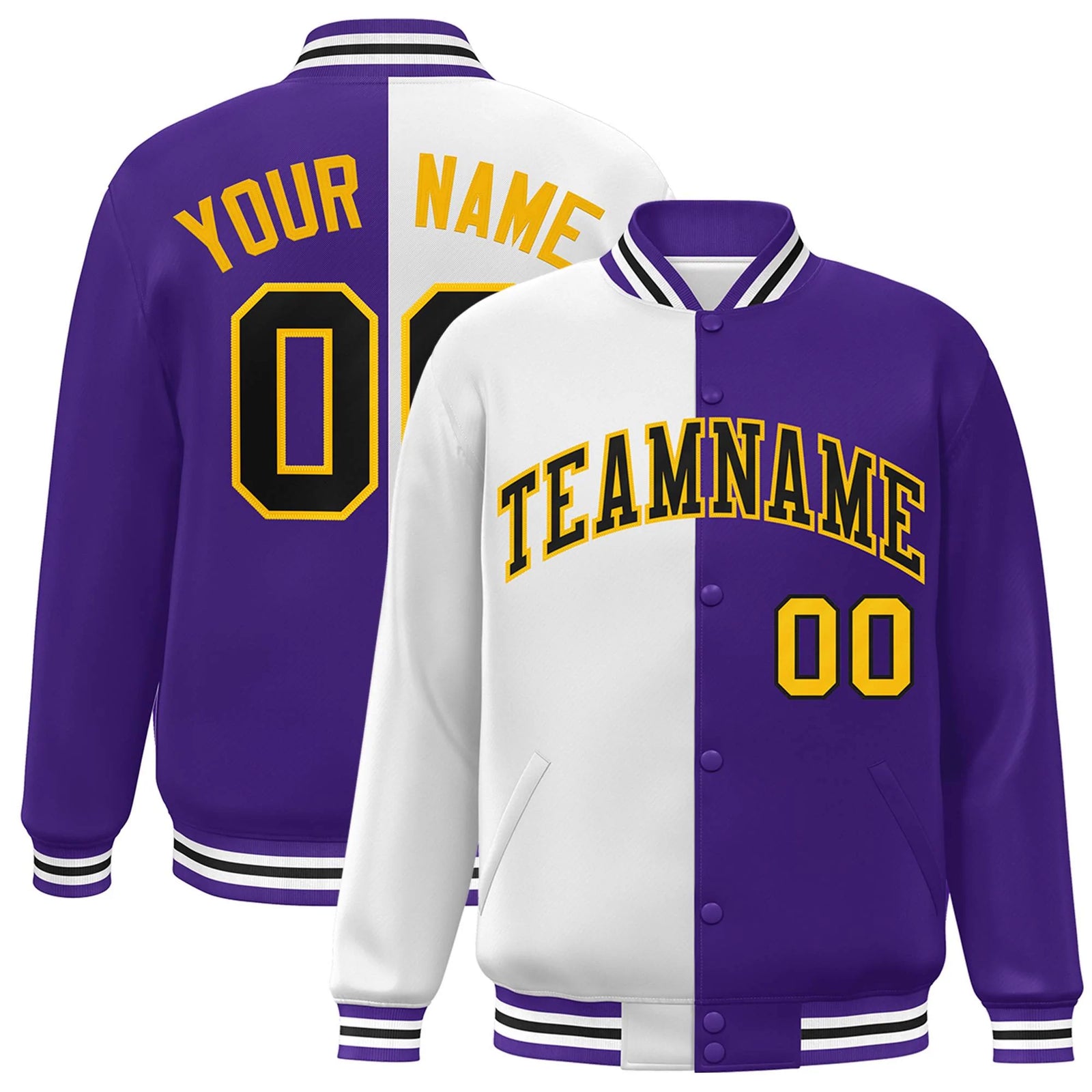 Custom Purple White-Black Letterman Two Tone Split Fashion Varsity Full-Snap Jacket