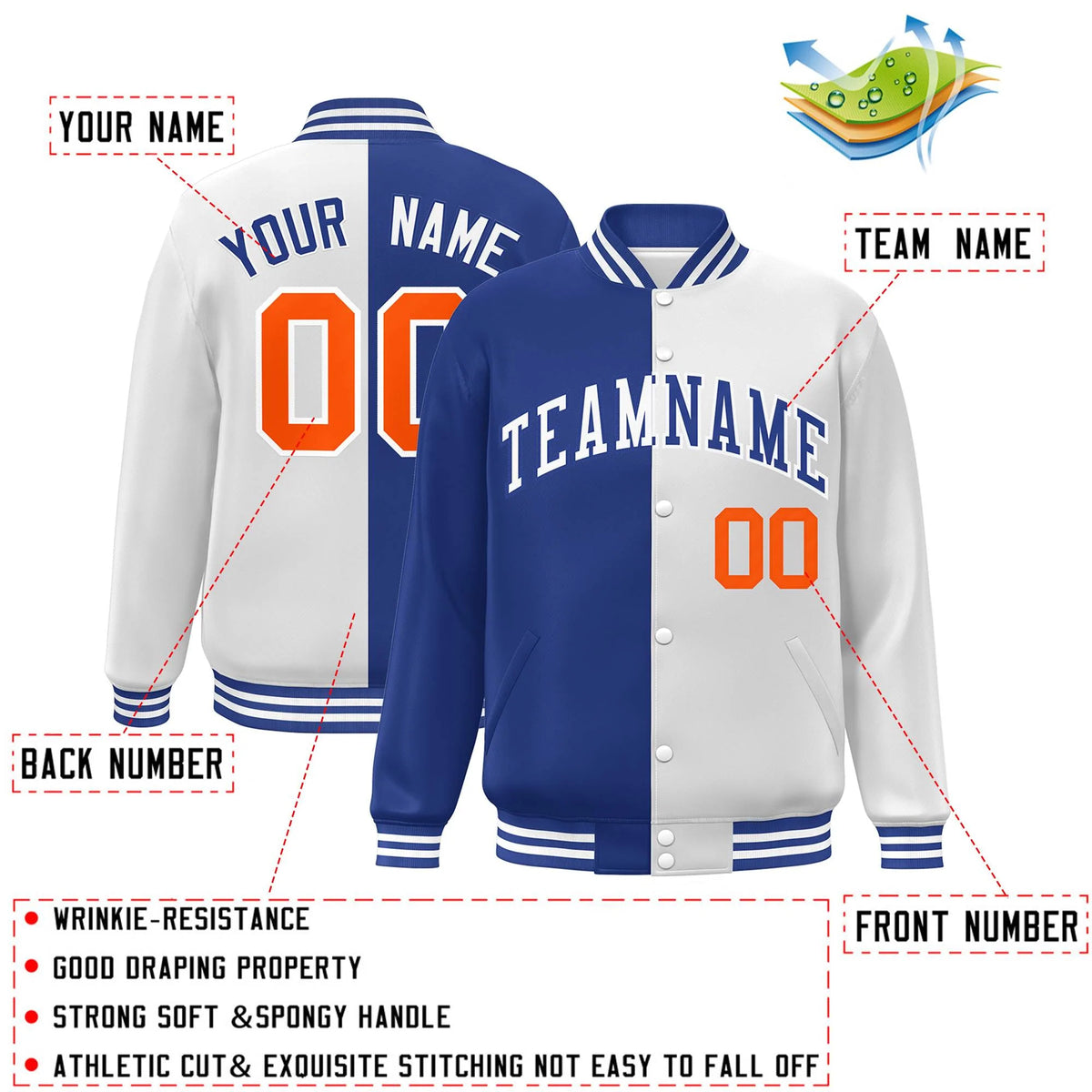 Custom White Royal-Orange Letterman Two Tone Split Fashion Varsity Full-Snap Jacket