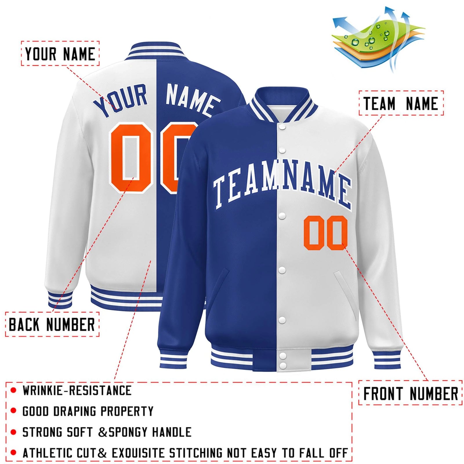 Custom White Royal-Orange Letterman Two Tone Split Fashion Varsity Full-Snap Jacket