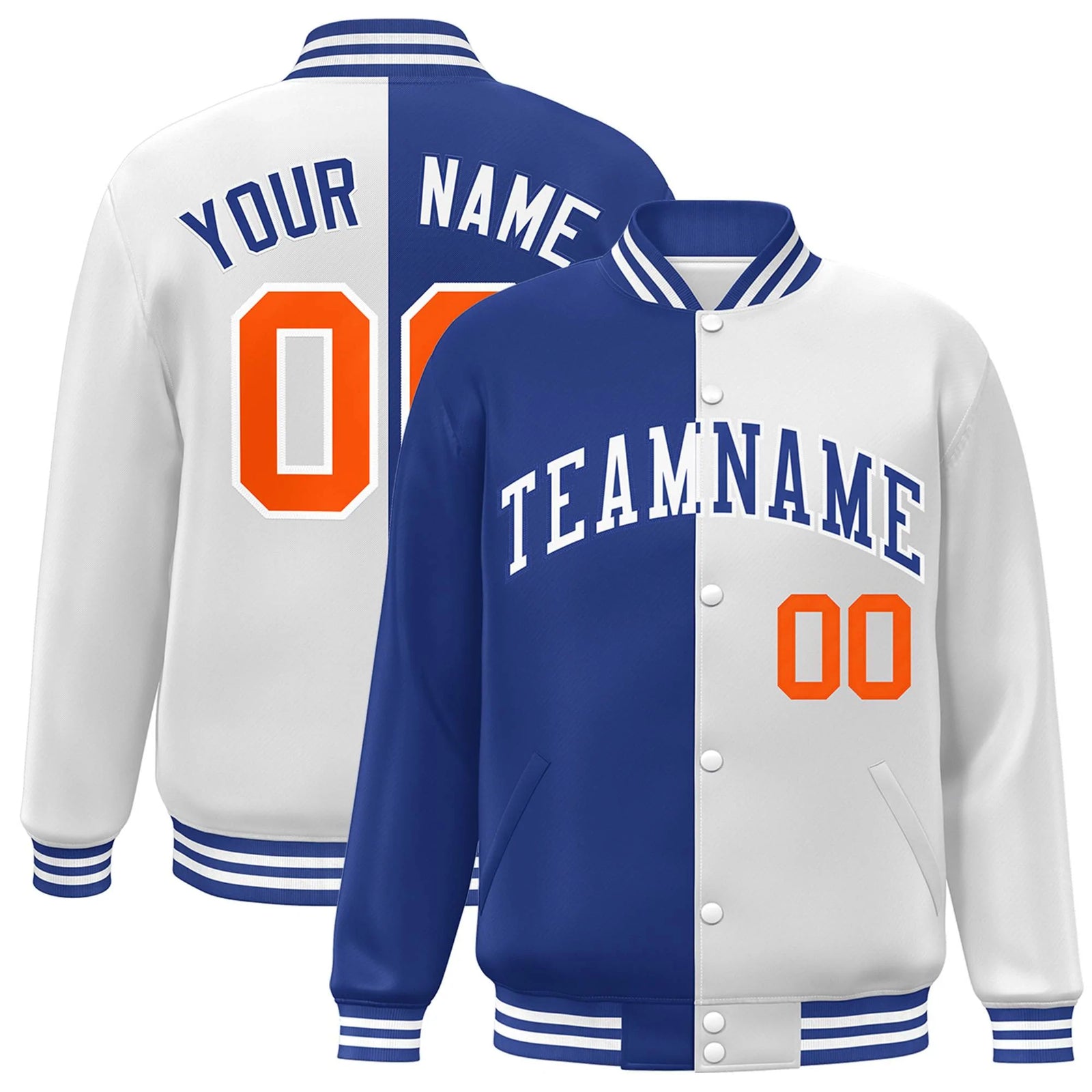 Custom White Royal-Orange Letterman Two Tone Split Fashion Varsity Full-Snap Jacket
