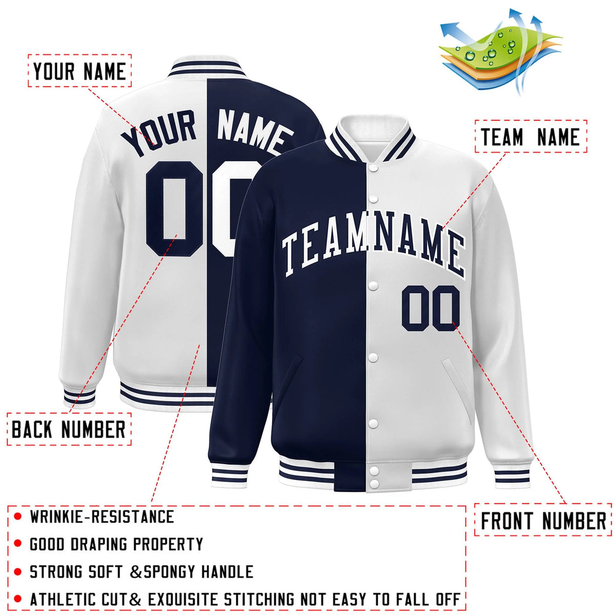 Custom White Navy Letterman Two Tone Split Fashion Varsity Full-Snap Jacket