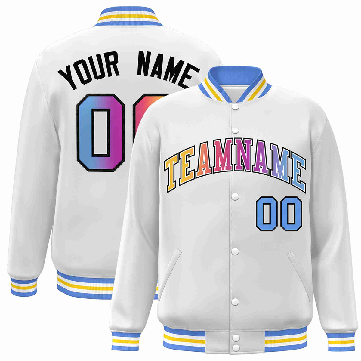 Custom White Yellow-White Gradient Fashion Letterman Bomber Varsity Jacket
