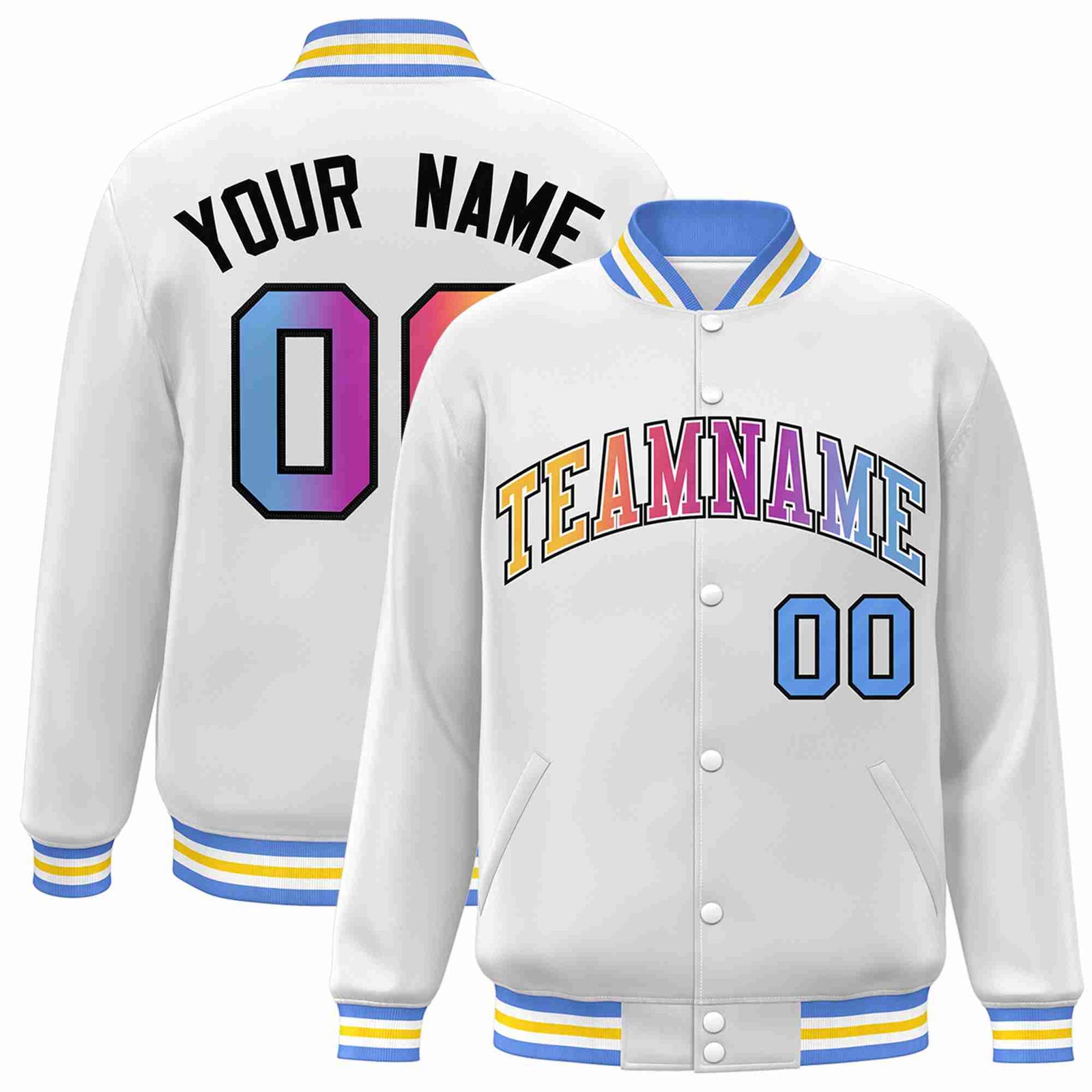 Custom White Yellow-White Gradient Fashion Letterman Bomber Varsity Jacket