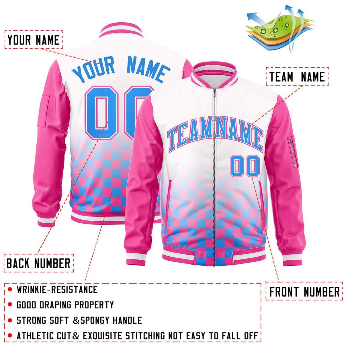 Custom White Powder Blue-Pink Grid Varsity Full-Zip Color Block Letterman Raglan Sleeve Jacket