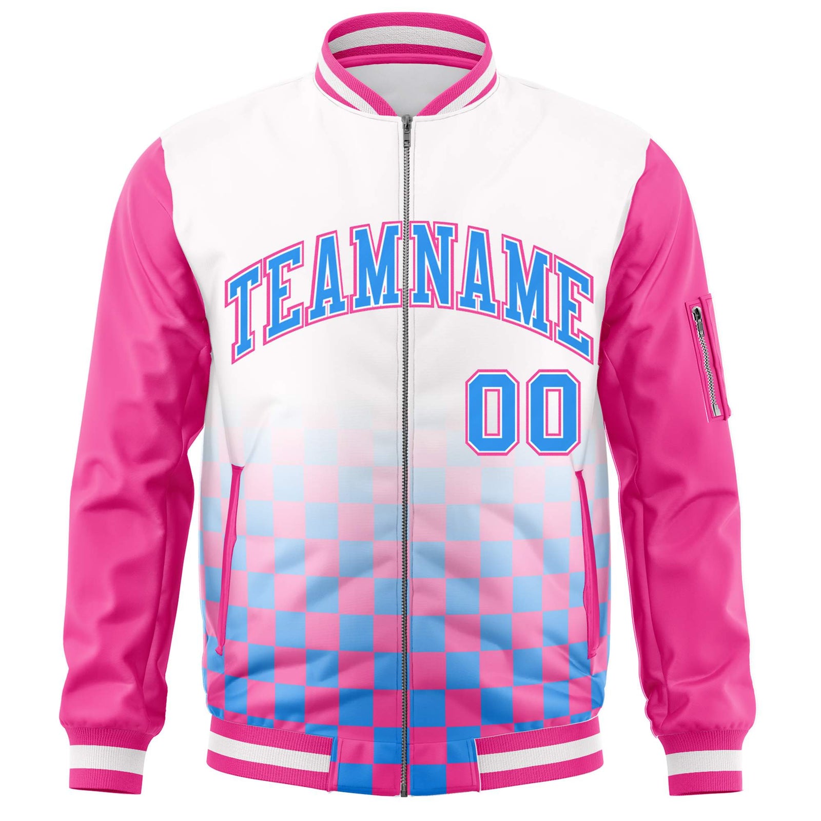 Custom White Powder Blue-Pink Grid Varsity Full-Zip Color Block Letterman Raglan Sleeve Jacket