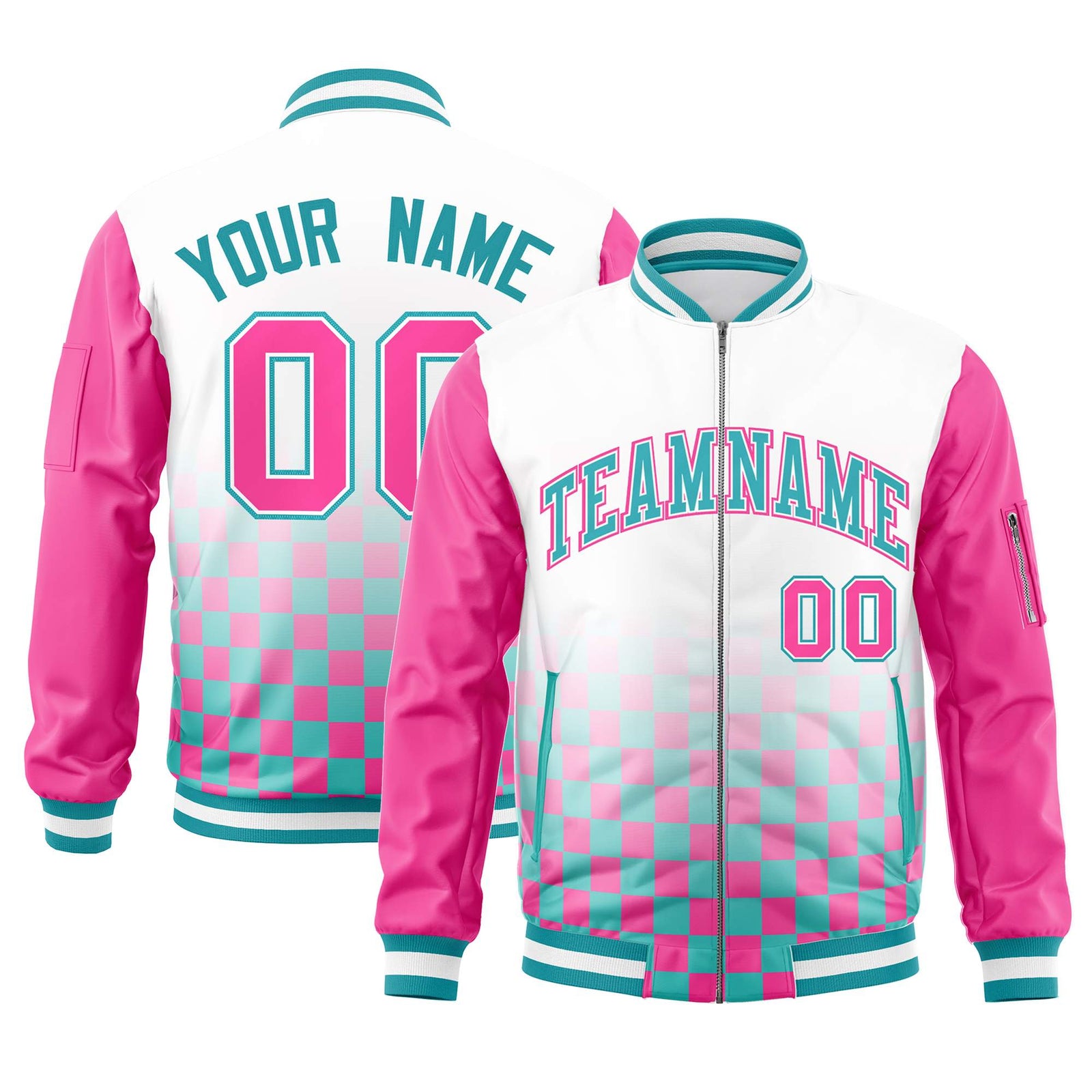 Custom White Aqua-Pink Grid Varsity Full-Zip Color Block Letterman Raglan Sleeve Jacket