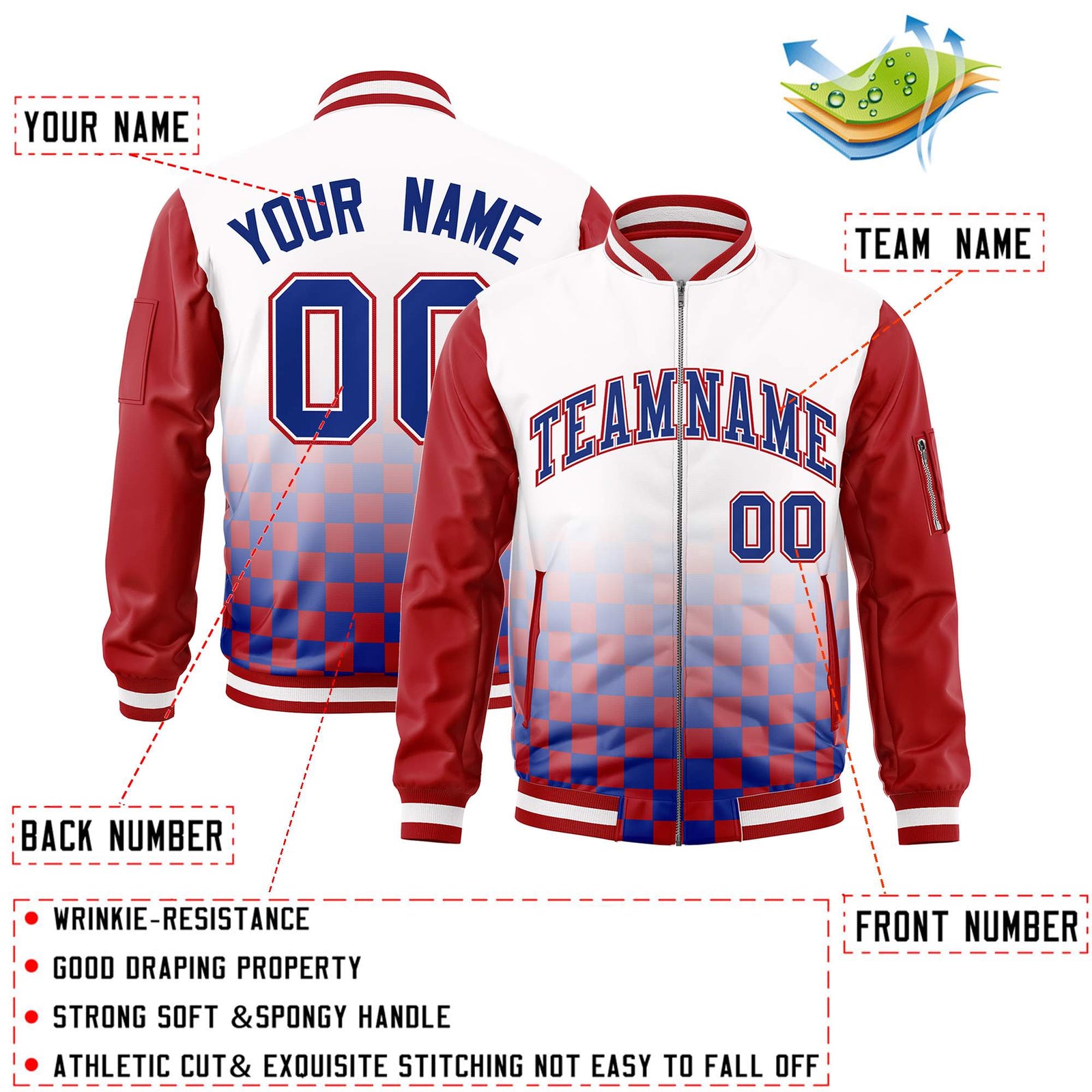 Custom White Royal-Red Grid Varsity Full-Zip Color Block Letterman Raglan Sleeve Jacket