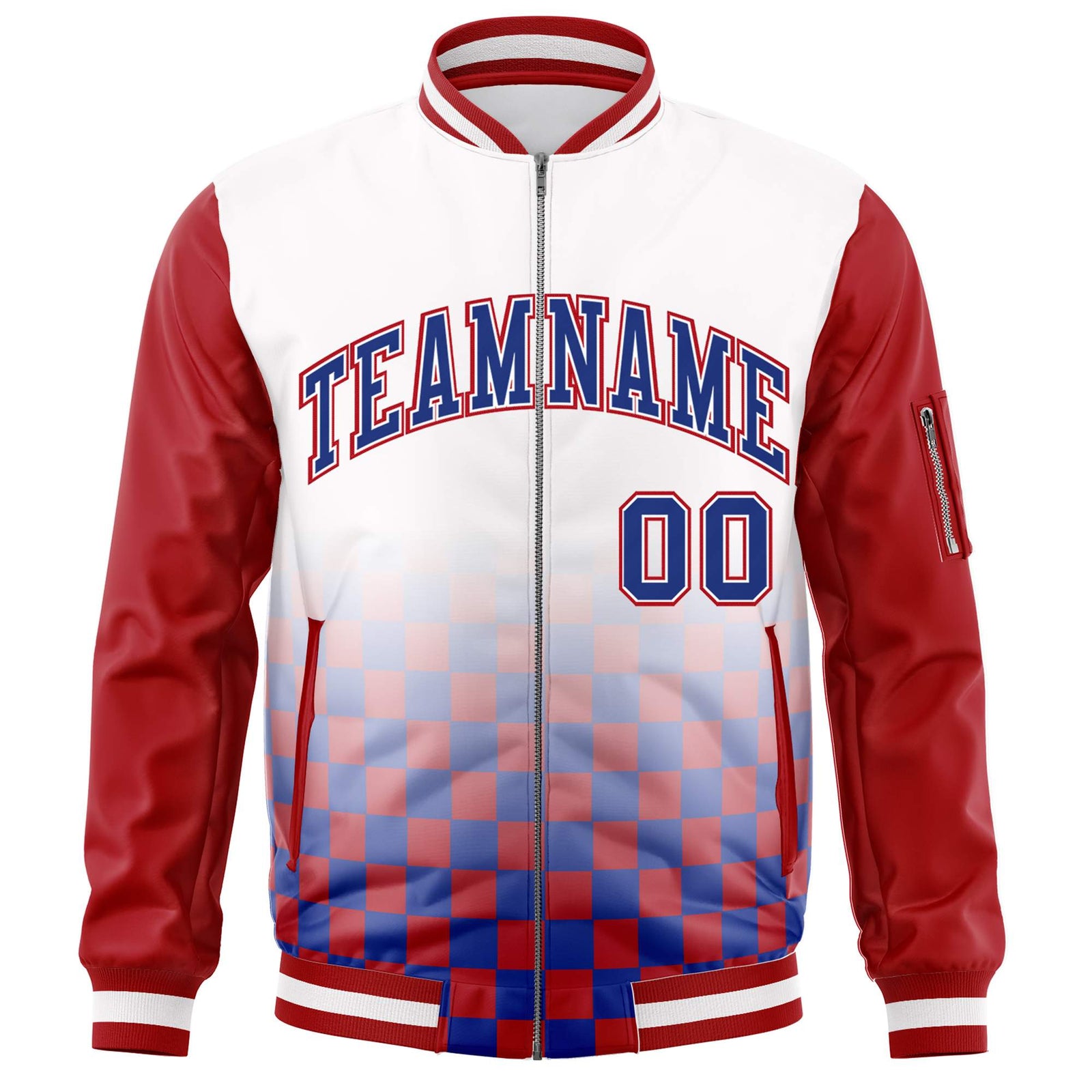 Custom White Royal-Red Grid Varsity Full-Zip Color Block Letterman Raglan Sleeve Jacket