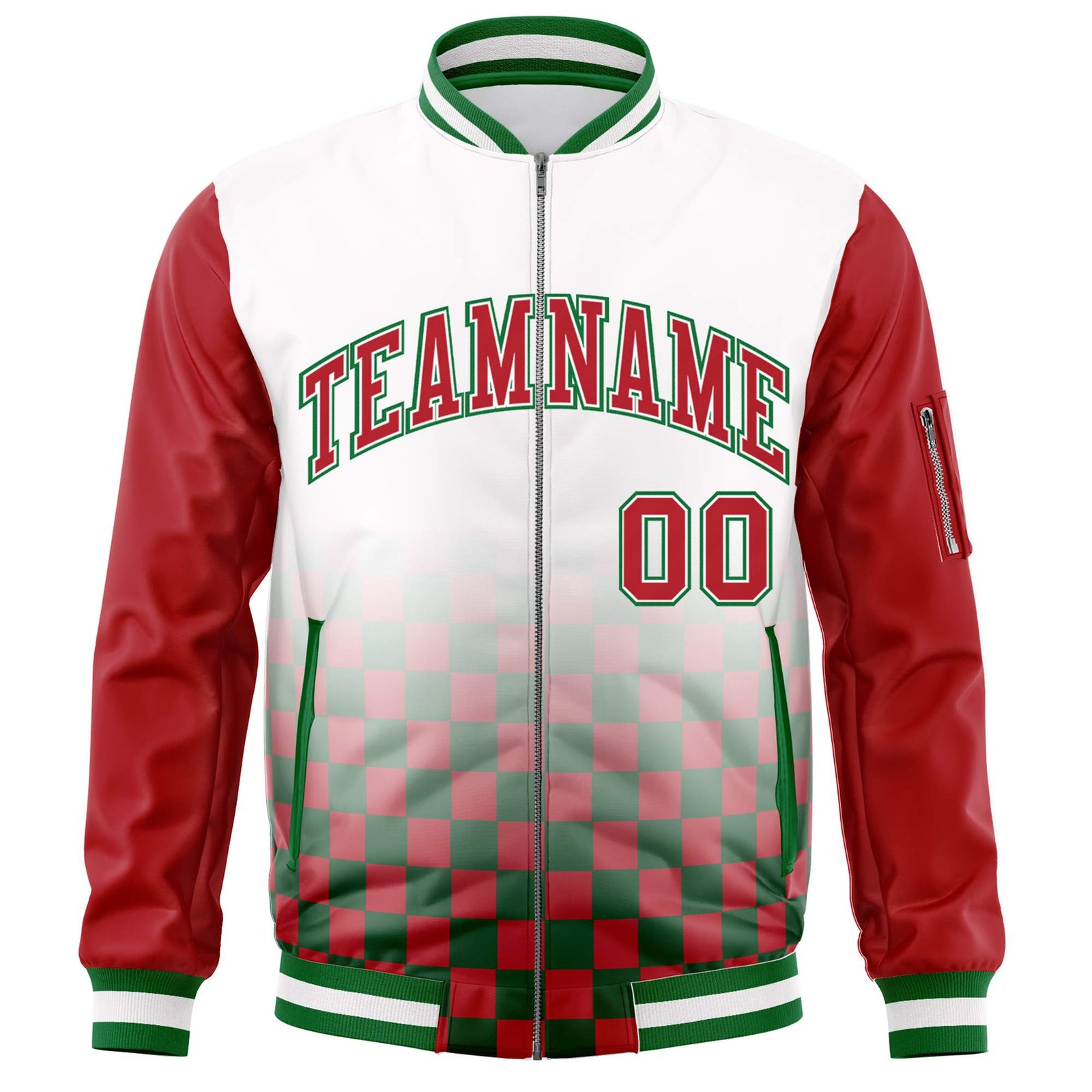Custom White Red-Kelly Green Grid Varsity Full-Zip Color Block Letterman Raglan Sleeve Jacket