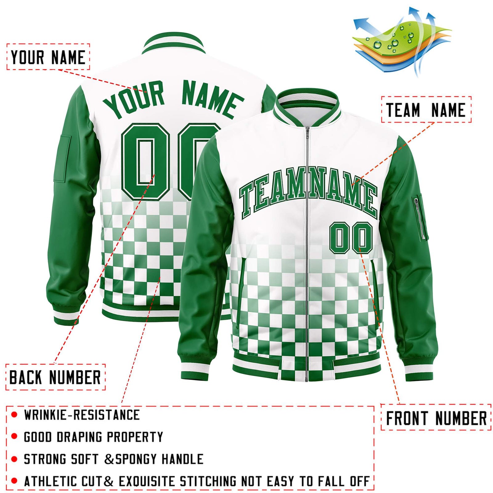 Custom White Green Grid Varsity Full-Zip Color Block Letterman Raglan Sleeve Jacket