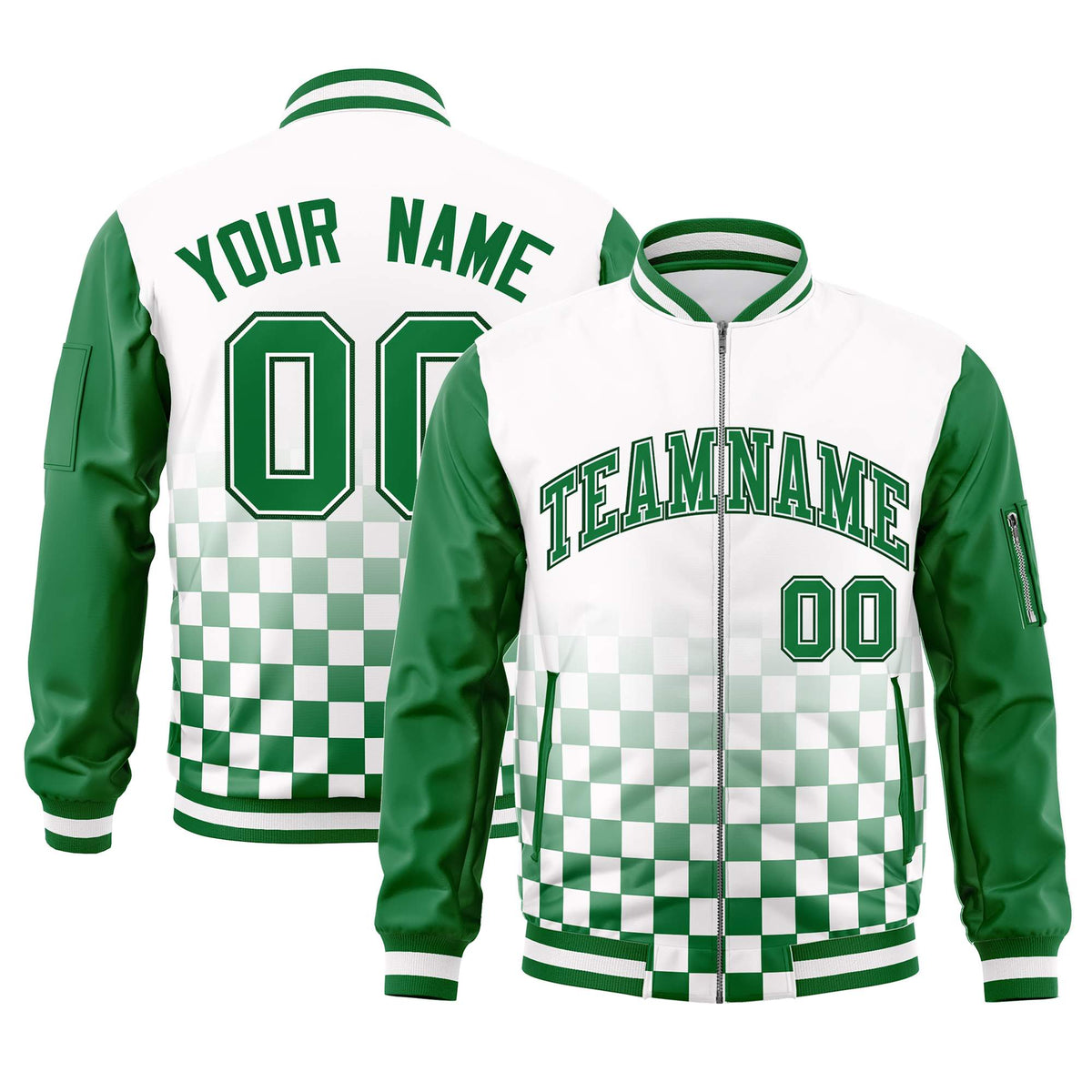 Custom White Green Grid Varsity Full-Zip Color Block Letterman Raglan Sleeve Jacket