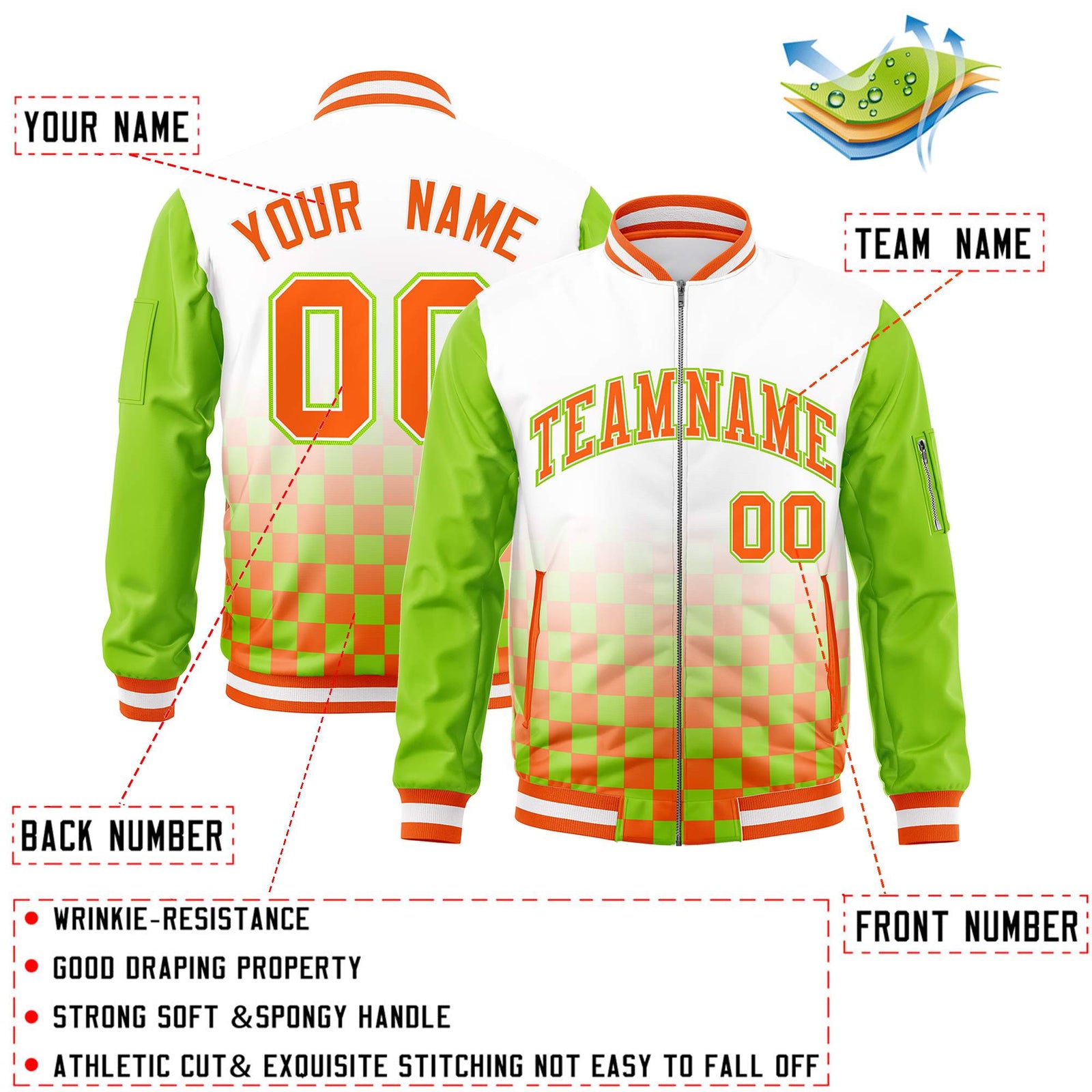 Custom White Orange-Neon Green Grid Varsity Full-Zip Color Block Letterman Raglan Sleeve Jacket