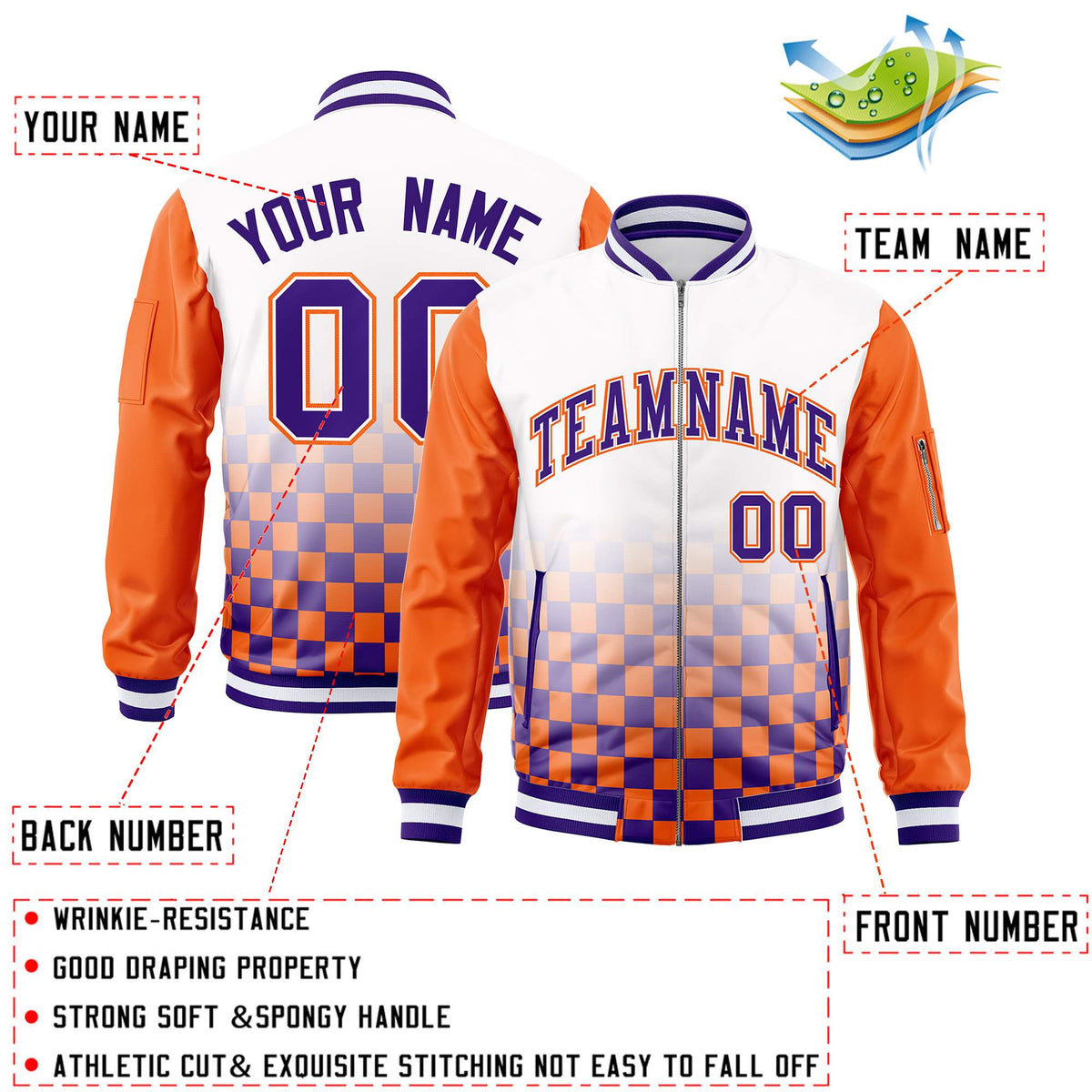 Custom White Purple-Orange Grid Varsity Full-Zip Color Block Letterman Raglan Sleeve Jacket