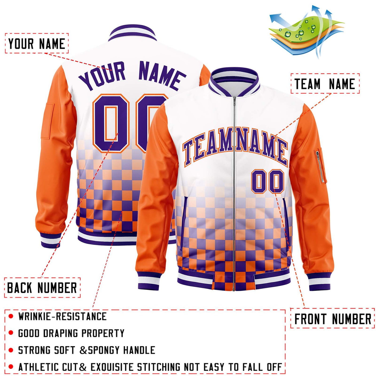 Custom White Purple-Orange Grid Varsity Full-Zip Color Block Letterman Raglan Sleeve Jacket