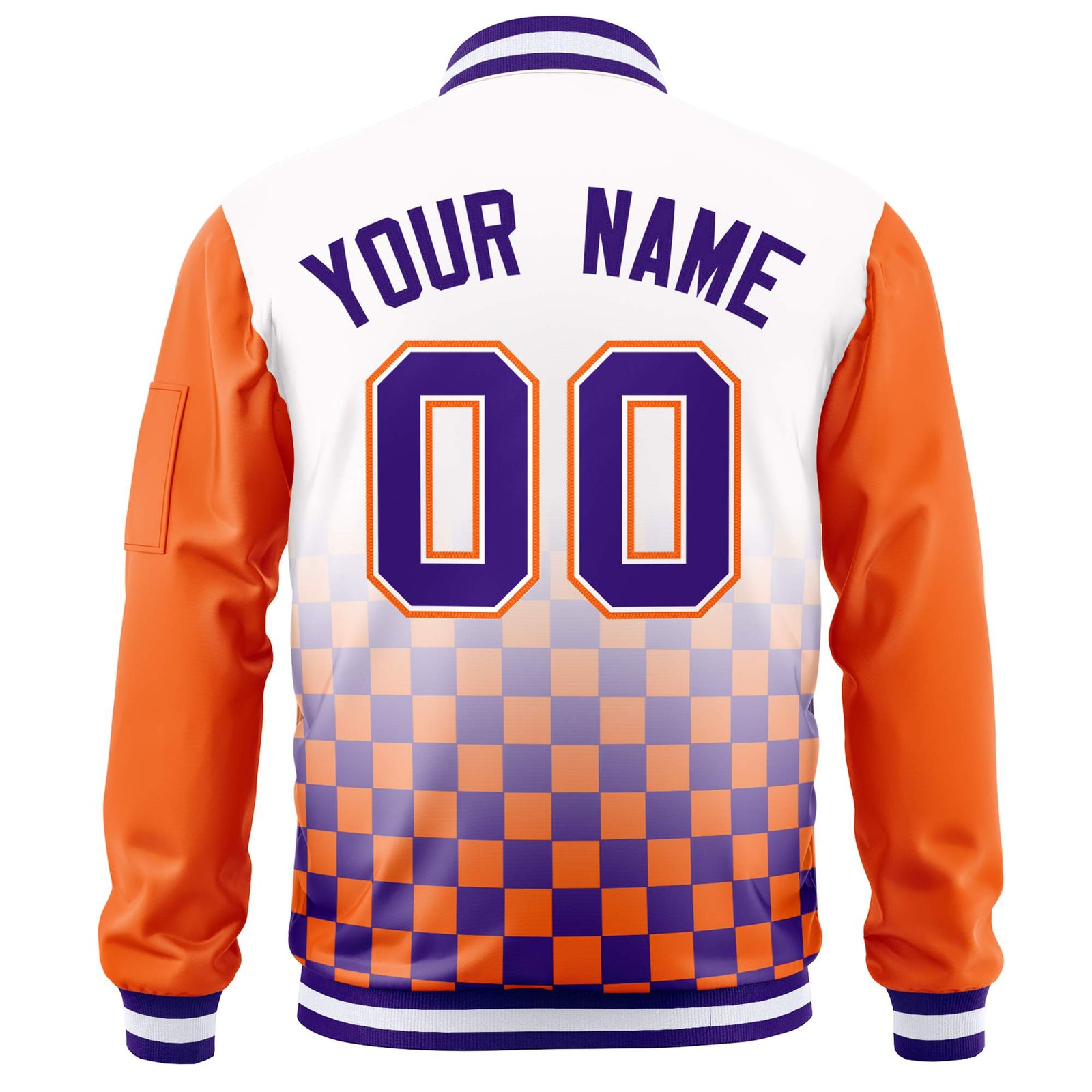 Custom White Purple-Orange Grid Varsity Full-Zip Color Block Letterman Raglan Sleeve Jacket