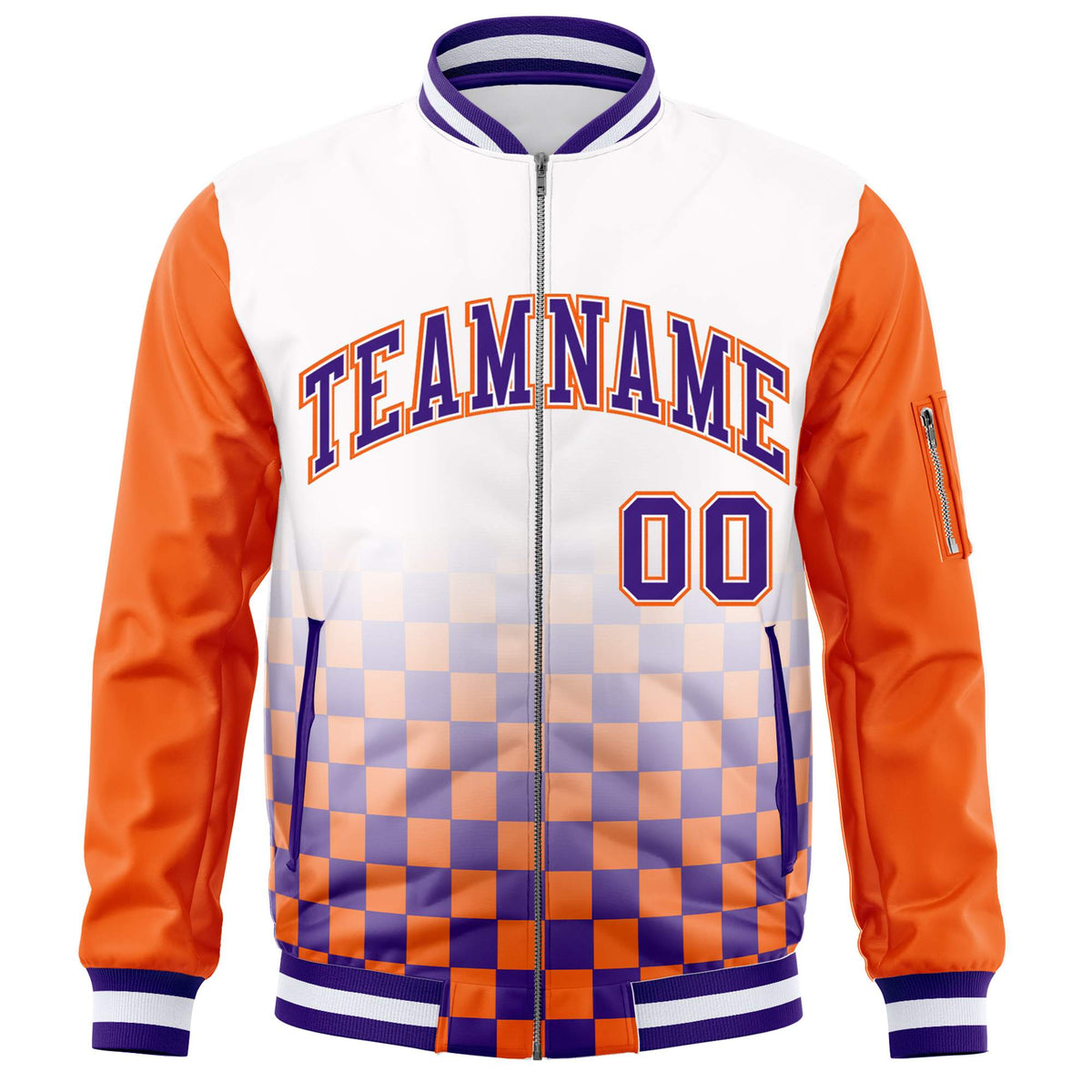 Custom White Purple-Orange Grid Varsity Full-Zip Color Block Letterman Raglan Sleeve Jacket