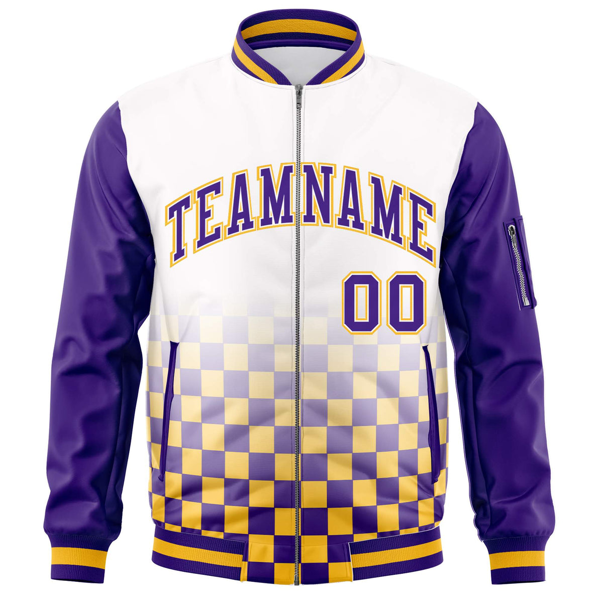 Custom White Purple-Gold Grid Varsity Full-Zip Color Block Letterman Raglan Sleeve Jacket