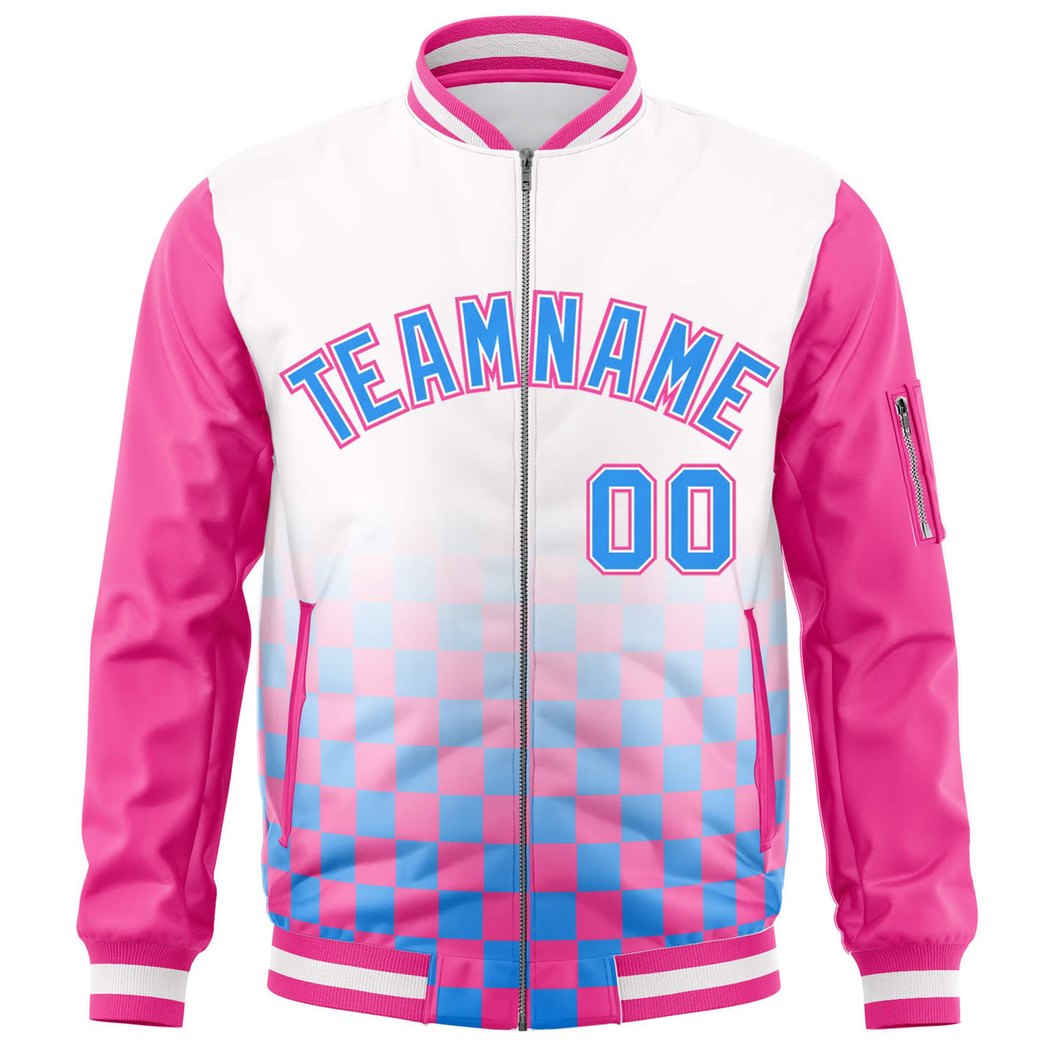 Custom White Powder Blue-Pink Grid Varsity Full-Zip Color Block Letterman Raglan Sleeve Jacket