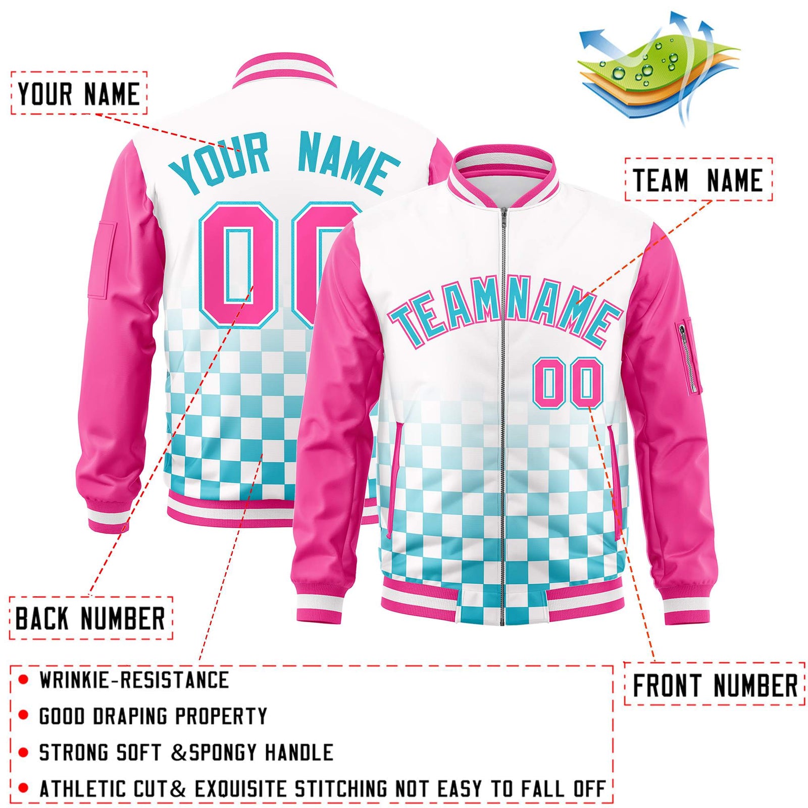 Custom White Light Blue-Pink Grid Varsity Full-Zip Color Block Letterman Raglan Sleeve Jacket