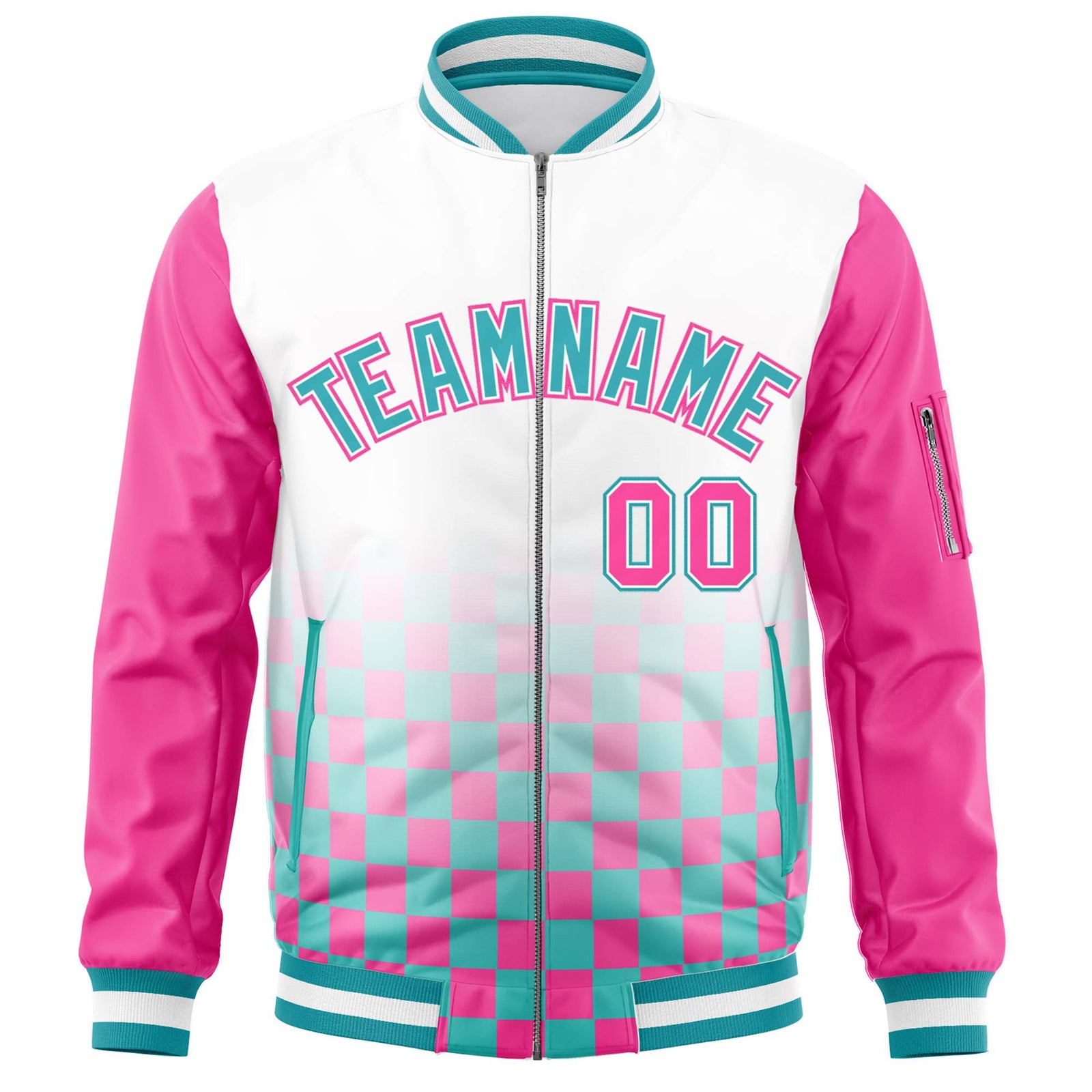 Custom White Aqua-Pink Grid Varsity Full-Zip Color Block Letterman Raglan Sleeve Jacket